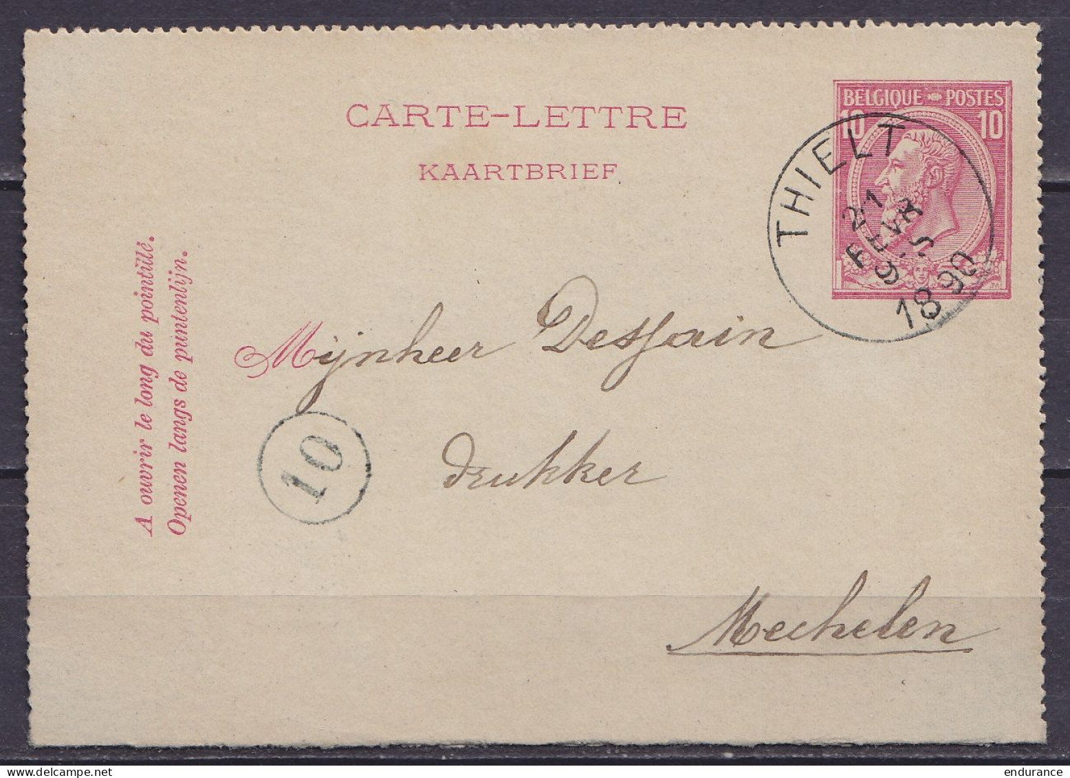 EP Carte-lettre 10c (N°46) Càd THIELT /21 FEVR 1890 Pour MECHELEN (au Dos: Càd Arrivée MALINES (STATION)) - Cartes-lettres