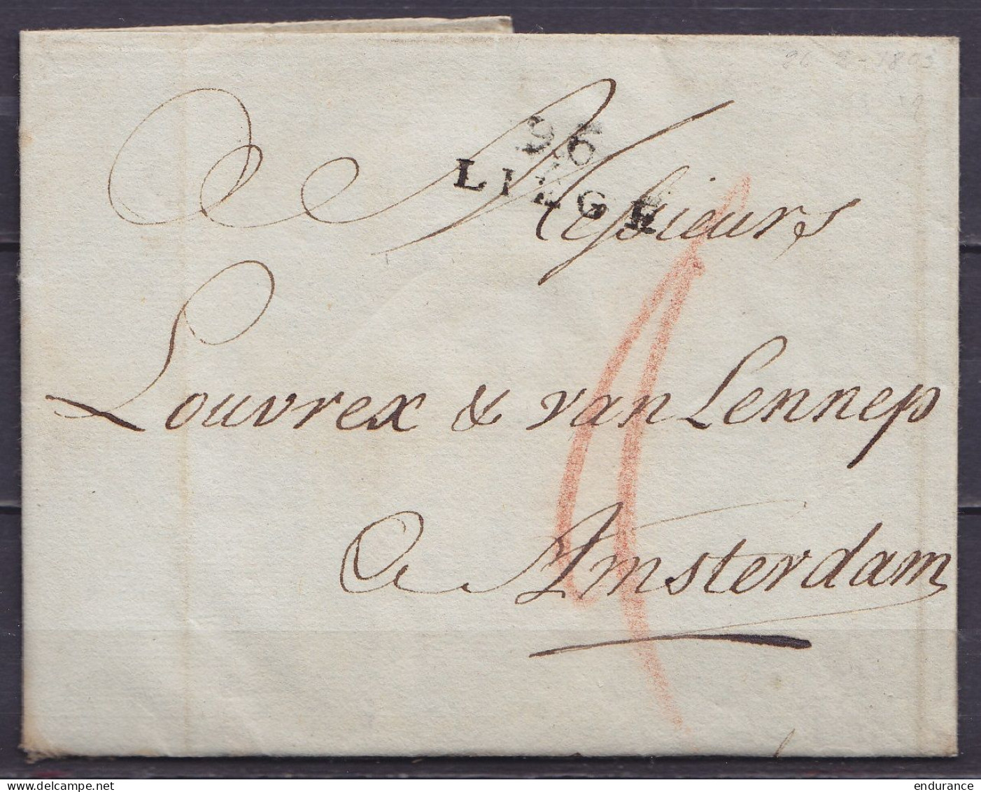 L. Datée 26 Février 1803 De LIEGE Pour AMSTERDAM - Marque "a" à La Craie Rouge - Griffe "96 / LIEGE" - 1794-1814 (Französische Besatzung)