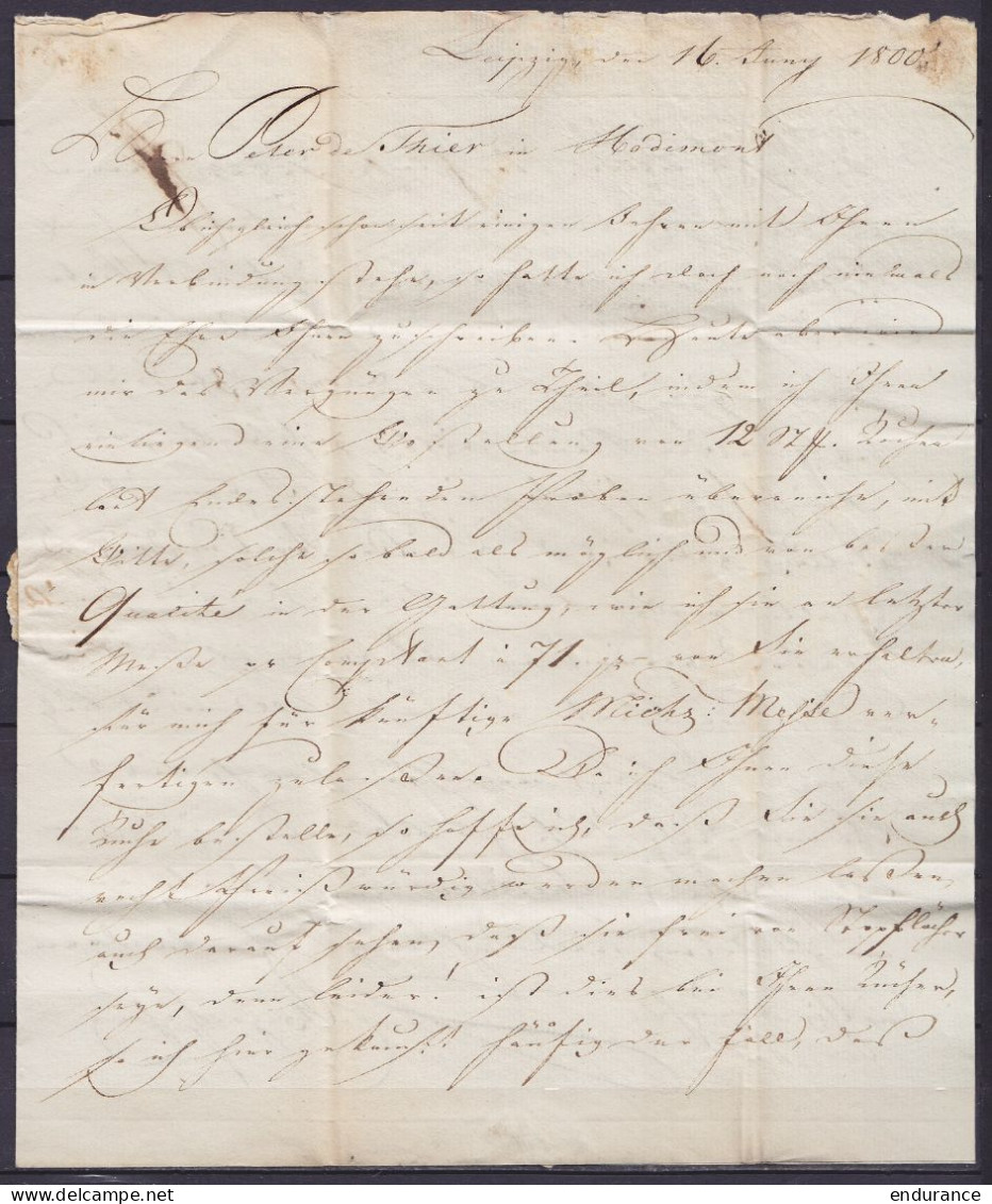 L. Datée 16 Juin 1800 De LEIPZIG Pour HODIMONT Verviers - Marque De Passage "FRANCFORT / PAR COLOGNE" (VDL 1403) - 1794-1814 (Période Française)