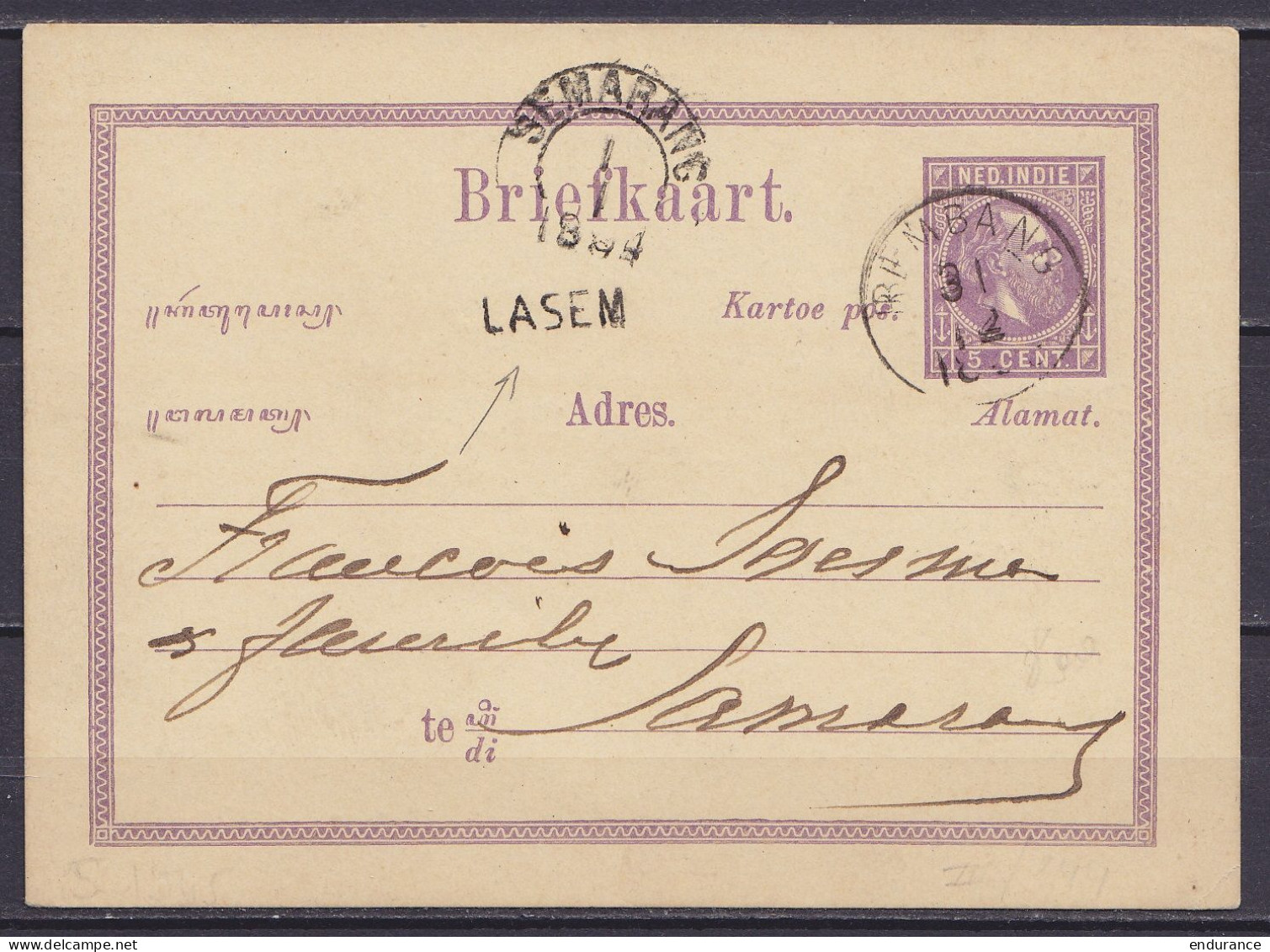 Indes Néerlandaises - CP Briefkaart 5c Càd REMBANG /31/12/1883 Pour SEMARANG - Griffe "LASEM" à Càd Arrivée SEMARANG /1/ - Niederländisch-Indien