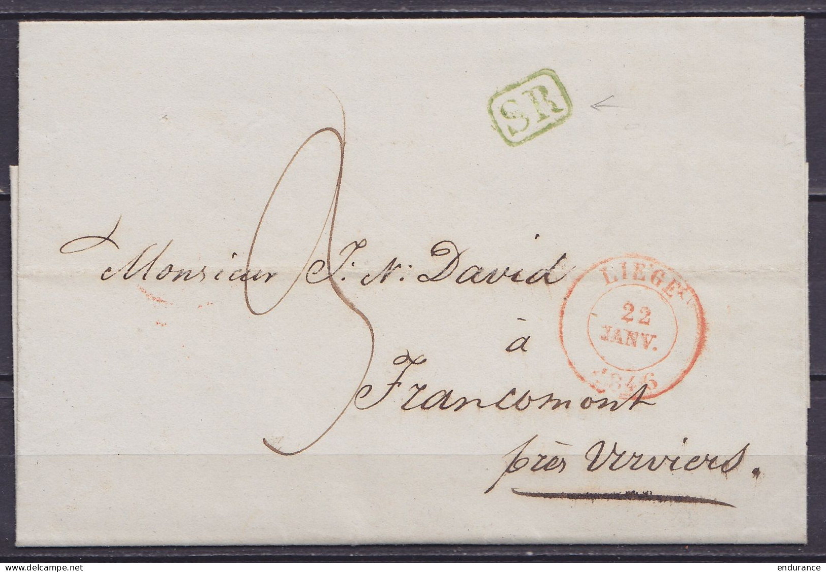 L. Datée 21 Janvier 1846 De LIEGE Càd LIEGE /22 JANV 1846 Pour FRANCOMONT Près Verviers - Griffe Verte [SR] Ambulant - P - 1830-1849 (Independent Belgium)