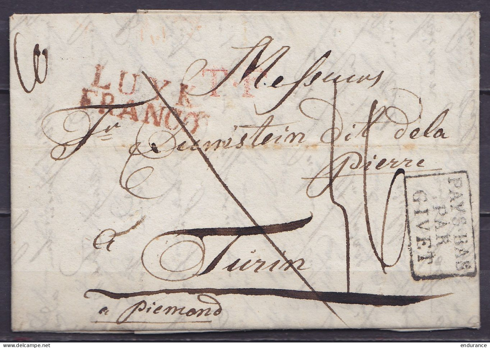 L. Datée 11 Janvier 1824 De LIEGE Pour TURIN - Marque Départ "LUYK / FRANCO" - Marques De Passage [PAYS-BAS PAR GIVET] & - 1815-1830 (Dutch Period)