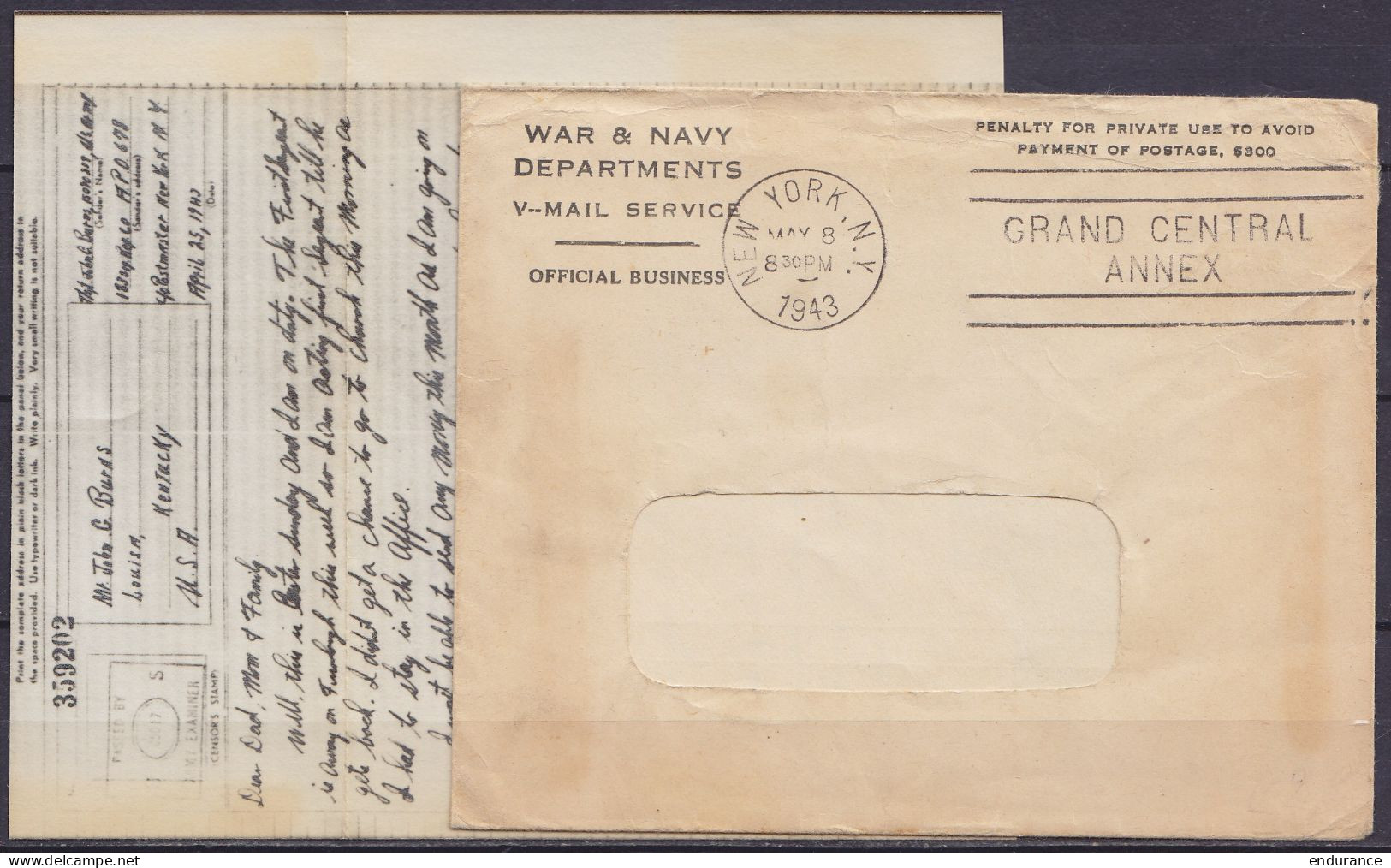 USA - V-MAIL WAR & NAVY DEPARTMENT Flam. "NEW YORK /MAY 8 1943/ GRAND CENTRAL ANNEX" Pour LOUISA Kentucky - Cartas & Documentos