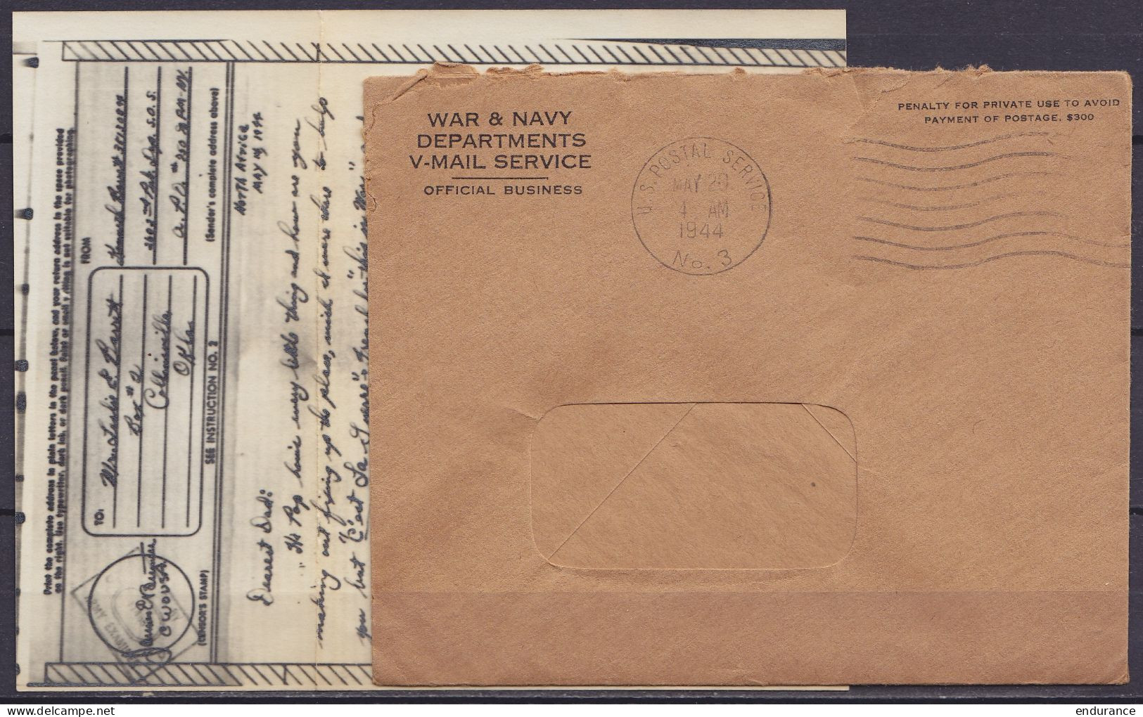 USA - V-MAIL WAR & NAVY DEPARTMENT Flam. "U.S. POSTAL SERVICE /MAY 20 1944" Pour COLINSVILLE Oklahoma - Cartas & Documentos