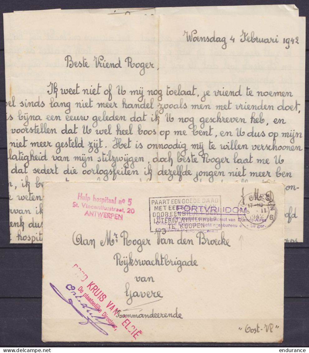 L. En Franchise (M.D.) D'un Militaire Hospitalisé "Hulp Hospitaal N°5" Flam. ANTWERPEN /5 II 1942 Pour GAVERE - Griffe " - Guerre 40-45 (Lettres & Documents)