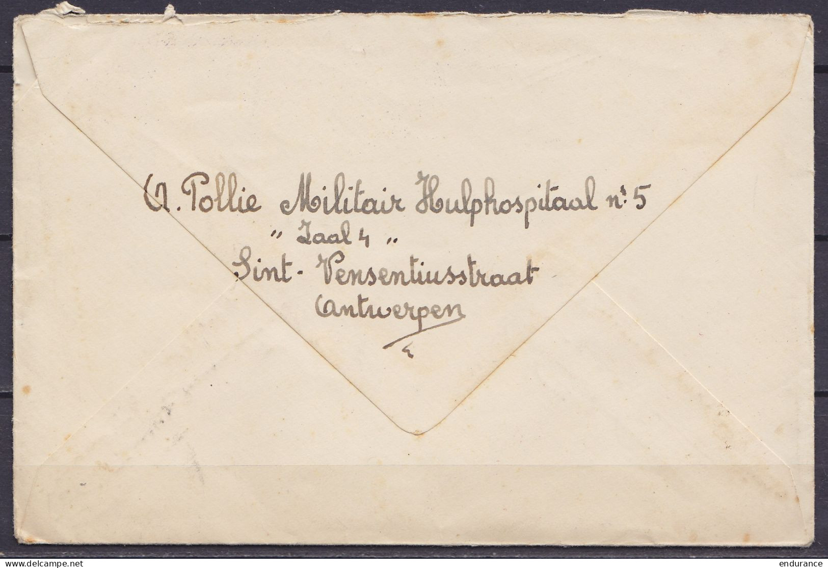 L. En Franchise (M.D.) D'un Militaire Hospitalisé "Hulp Hospitaal N°5" Flam. ANTWERPEN /5 II 1942 Pour GAVERE - Griffe " - Guerra 40 – 45 (Cartas & Documentos)