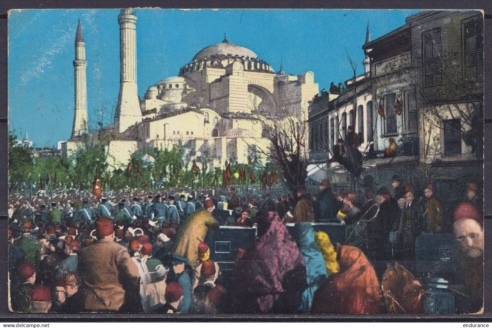 Levant Autrichien - CP Constantinople Place Ste-Sophie Affr. Mixte Turquie-Autriche Càd CONSTANTINOPLE 1909 Pour BERCHEM - Oostenrijkse Levant