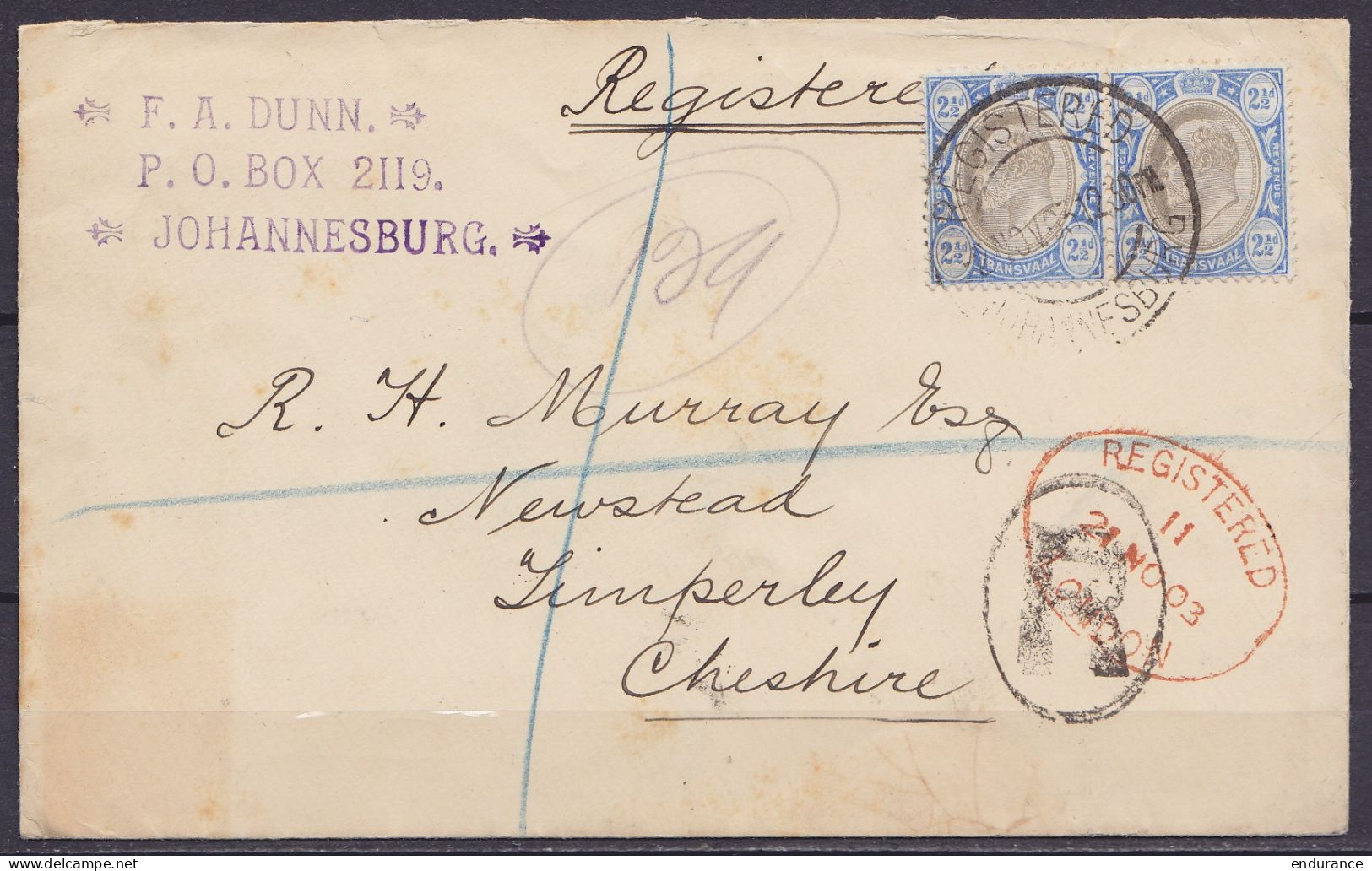 Afrique Du Sud - L. Recommandée Affr. 5d Càd "REGISTERED /2 NOV 1903/ JOHANNESBURG" Pour TIMPERLEY Cheshire - Càd Oval " - État Libre D'Orange (1868-1909)