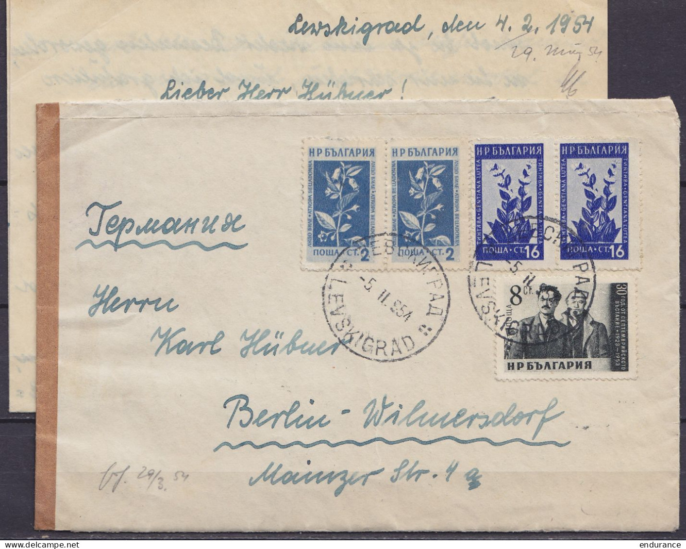 Bulgarie - LAC Affr. 44ct Càd LEVSKIGRAD /-5.II.1954 Pour BERLIN-WILMERSDORF - Covers & Documents