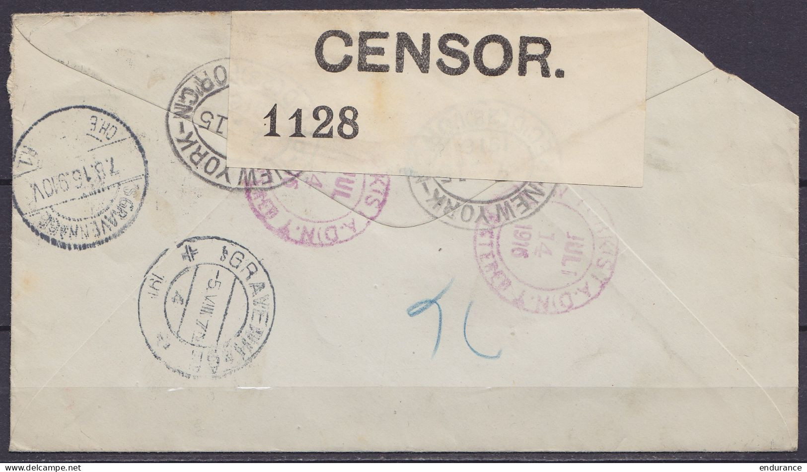 USA - L. Recommandée Affr. 15c Oblit. NEW YORK 1916 Pour LA HAYE Hollande - Bande Censure Militaire (au Dos: Càd Transit - Lettres & Documents