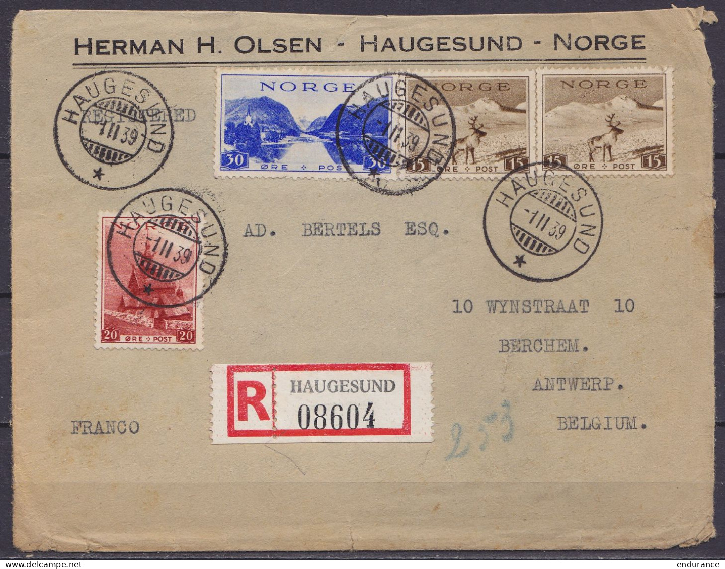 Norvège - L. Entête "Herman H. Olsen" Recommandée Affr. 80o Càpt HAUGESUND /-1 II 1939 Pour BERCHEM Antwerp (au Dos: Vig - Covers & Documents