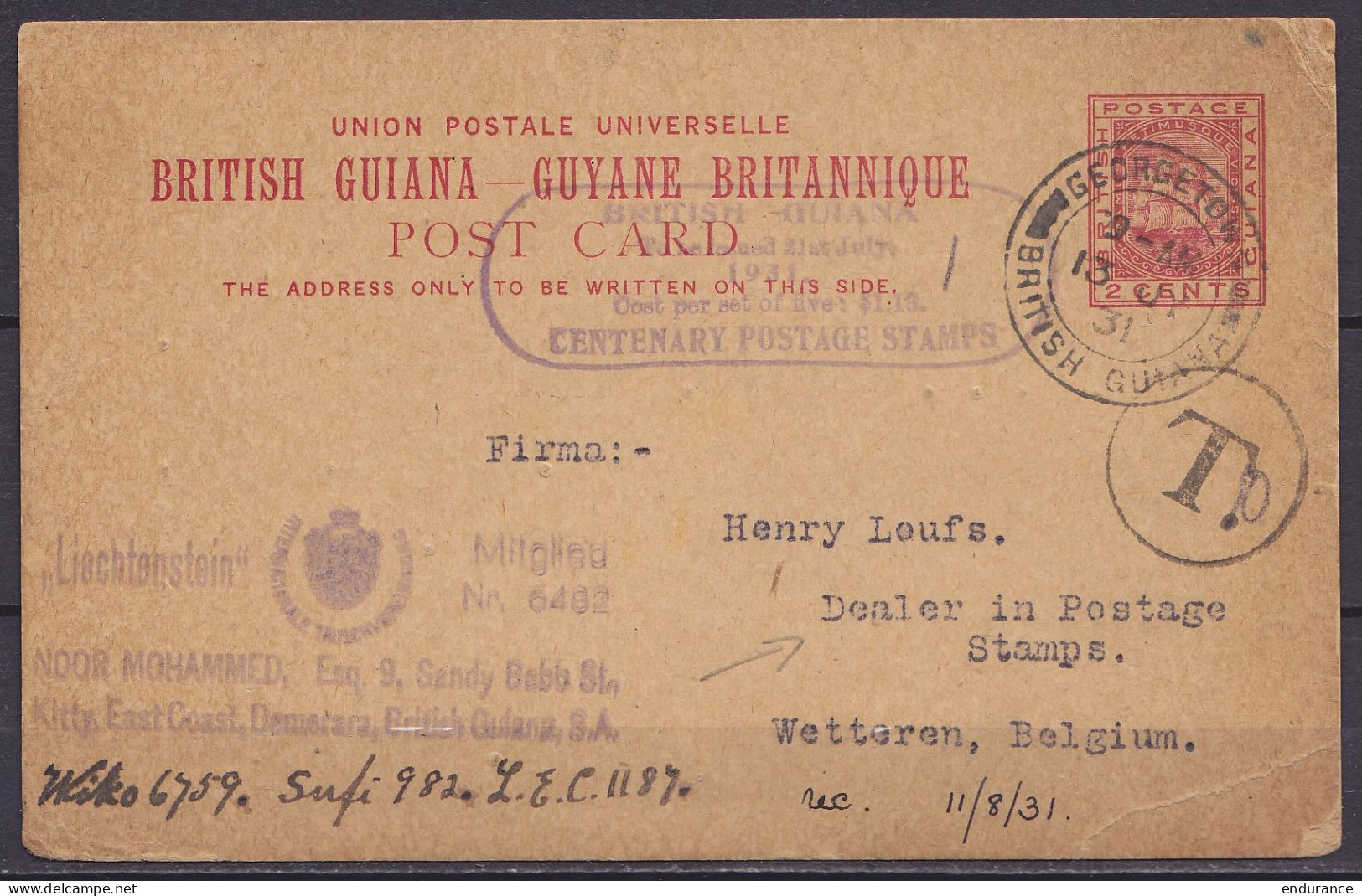 Guyane Britannique - CP EP 2c De KITTY Càd GEORGETOWN /13 JY 1931 Pour Marchand De Timbre Loufs à WETTEREN - Taxée ? - Brits-Guiana (...-1966)