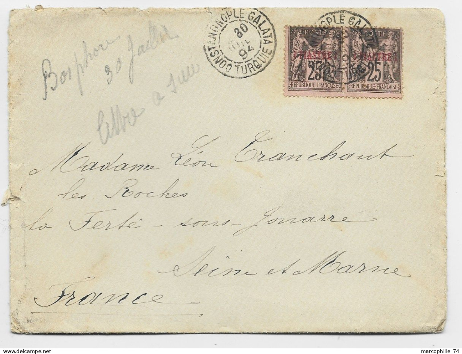 SAGE 25C I PIASTRE PAIRE LETTRE COVER CONSTANTINOPLE GALATA 30 JUIL 1894 TURQUIE TURKEY BOSPHORE - Cartas & Documentos