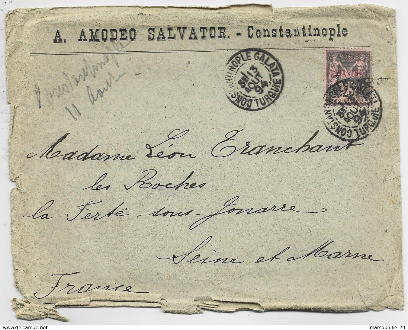 SAGE 25C I PIASTRE  LETTRE COVER  ENETE AMODEO SALVADOR + CONSTANTINOPLE GALATA 1894 TURQUIE TURKEY POUR FRANCE - Lettres & Documents