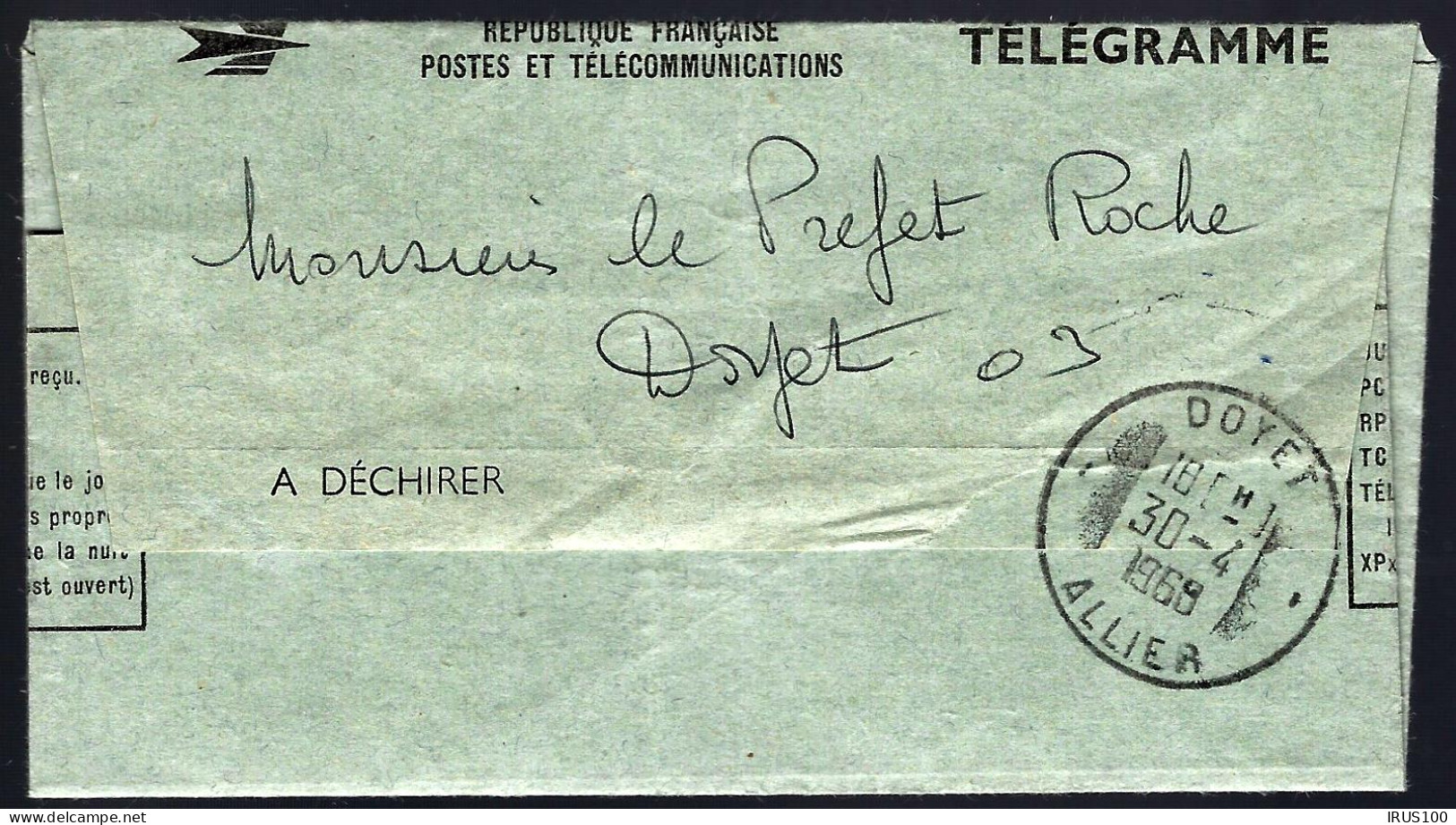 DOYET - 1968 - TÉLÉGRAMME - IMPOSSIBLE DE ME DÉPLACER CE SOIR  - Telegramas Y Teléfonos