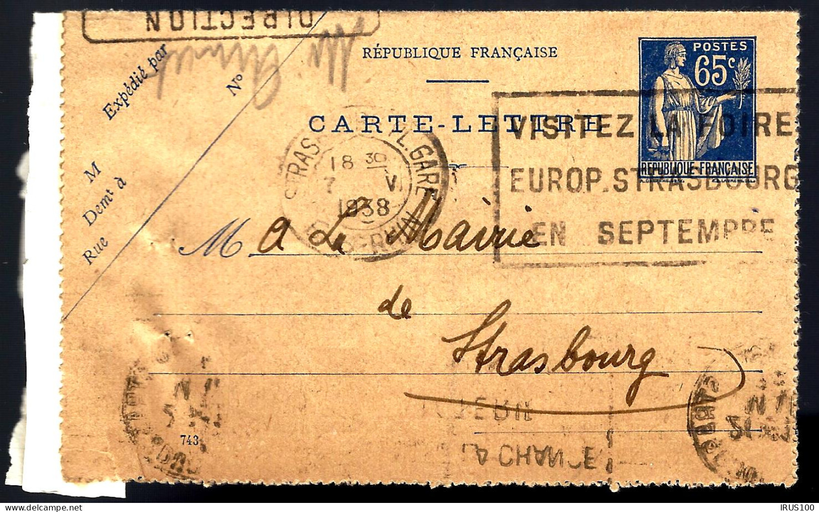 STRASBOURG - CARTE LETTRE - TYPE PAIX - 1938  - Cartoline-lettere