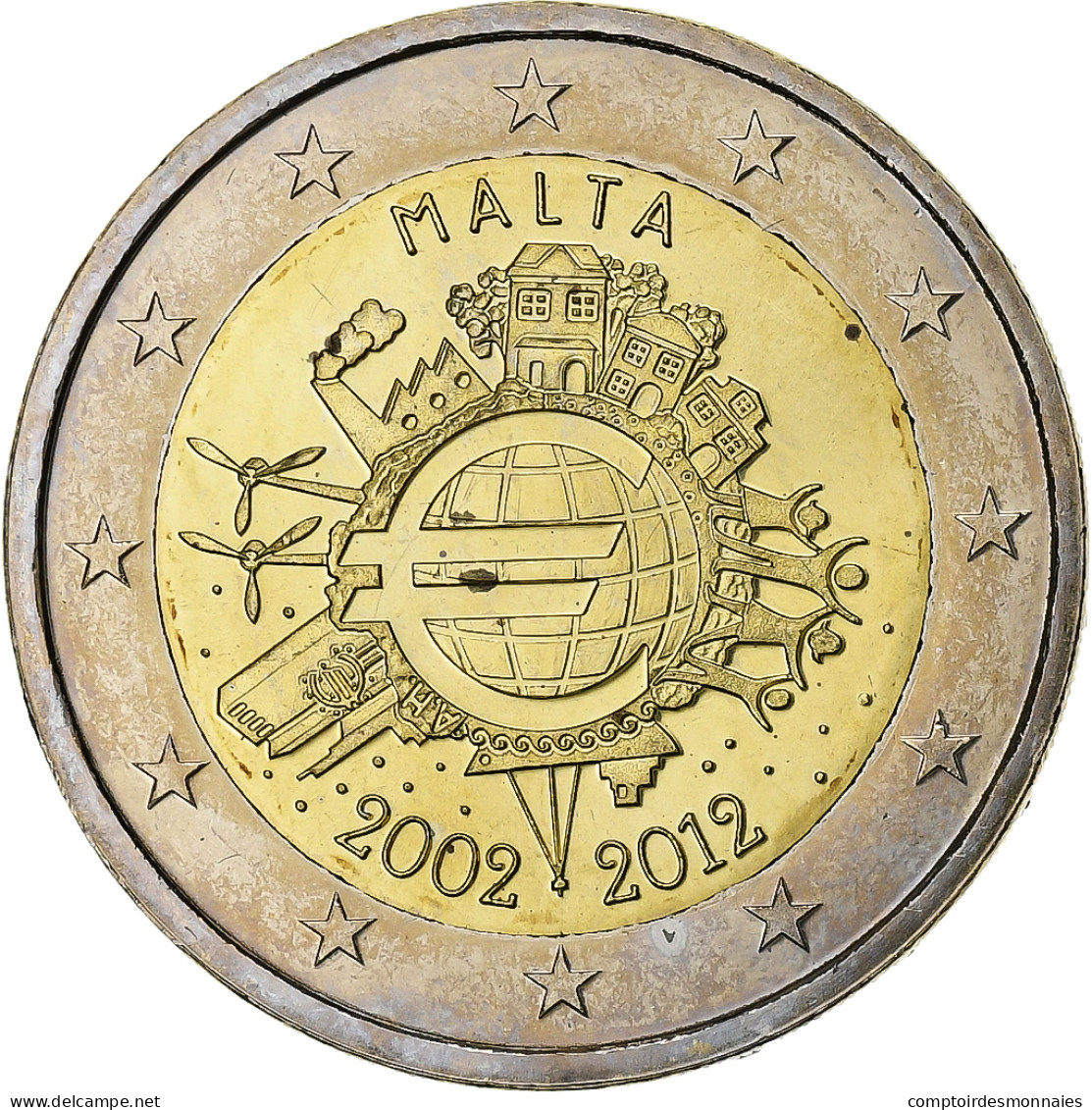 Malte, 2 Euro, 10 Jahre Euro, 2012, SPL+, Bimétallique, KM:139 - Malte