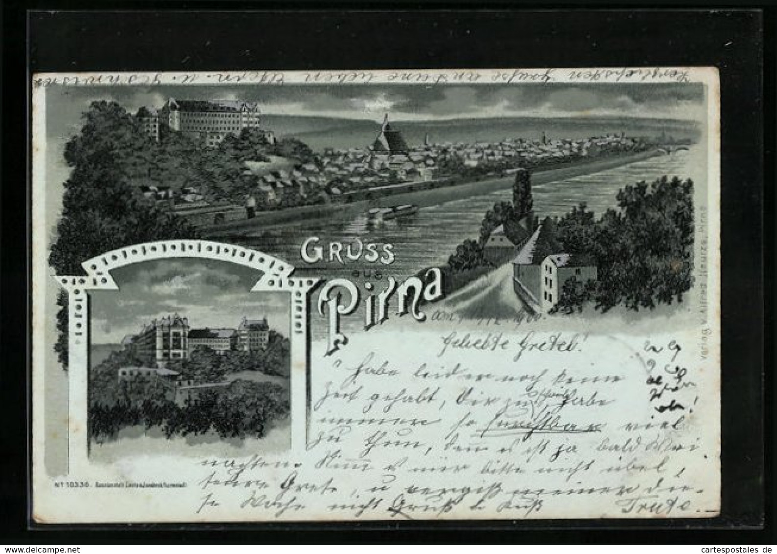 Mondschein-Lithographie Pirna, Schloss Sonnenstein, Panorama  - Pirna