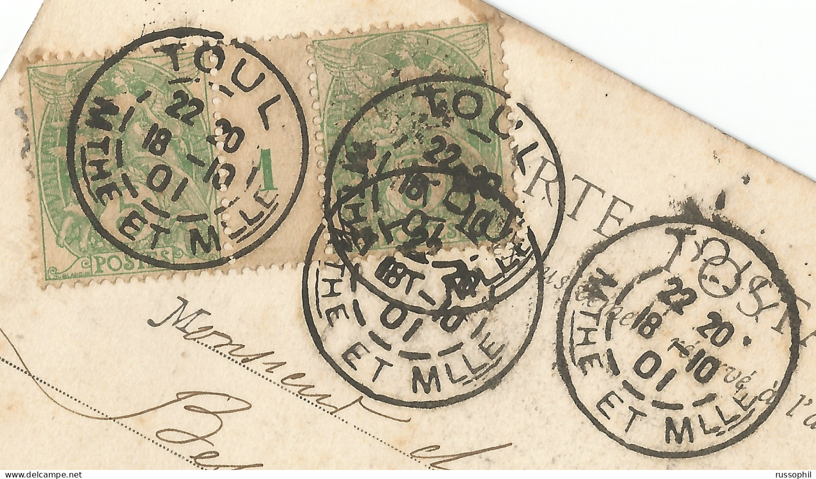 FRANCE - MILLESIMES - PAIRED DAGUIN A3 CDSs "TOUL" ON FRANKED PC (PAIR Yv. 111 MILLESIME 01) TO PARIS - 1901 - Millésime