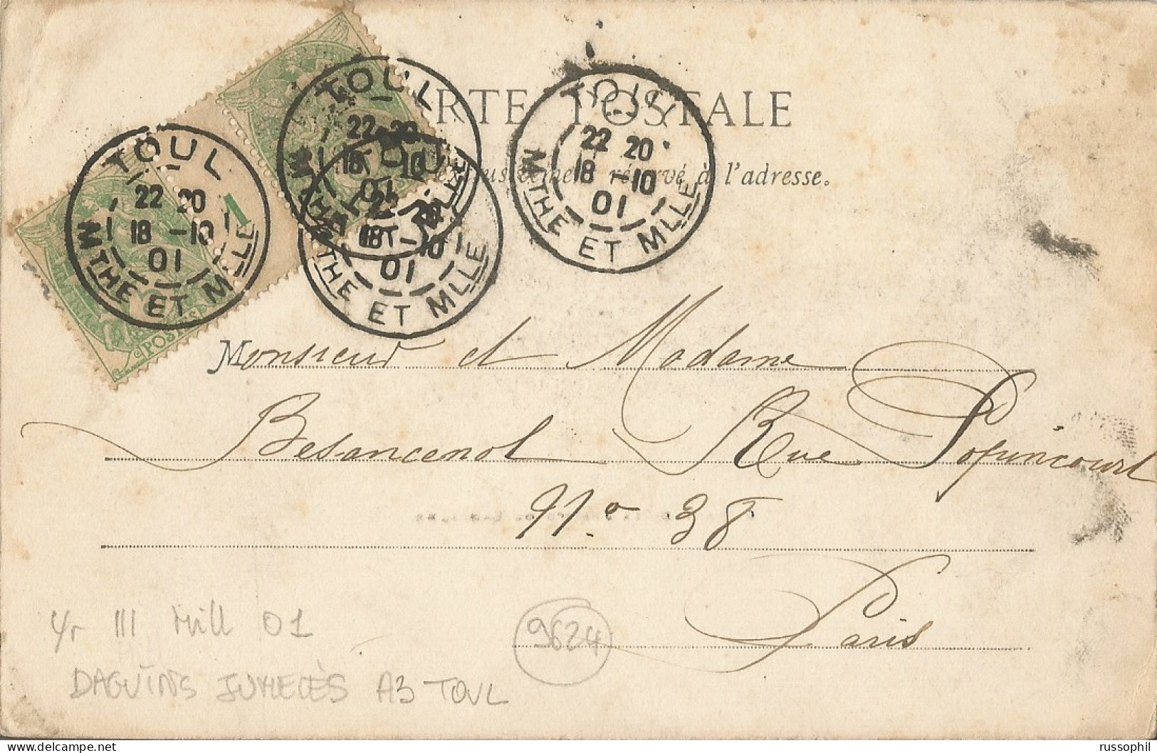 FRANCE - MILLESIMES - PAIRED DAGUIN A3 CDSs "TOUL" ON FRANKED PC (PAIR Yv. 111 MILLESIME 01) TO PARIS - 1901 - Millésime