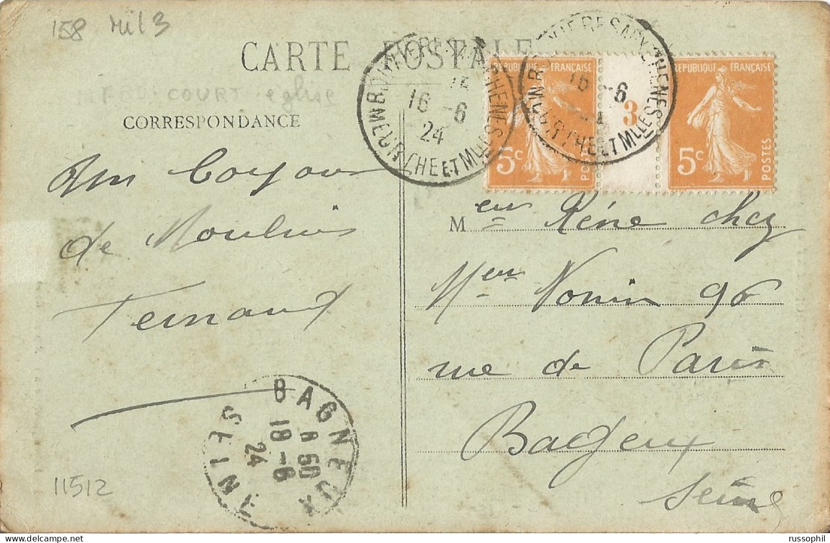 FRANCE -  MILLESIMES - PAIR Yv.  #158 MILLESIME 3 ALONE FRANKING PC FROM BOUXIERES AUX CHENES TO BAGNEUX - 1924 - Millesimi