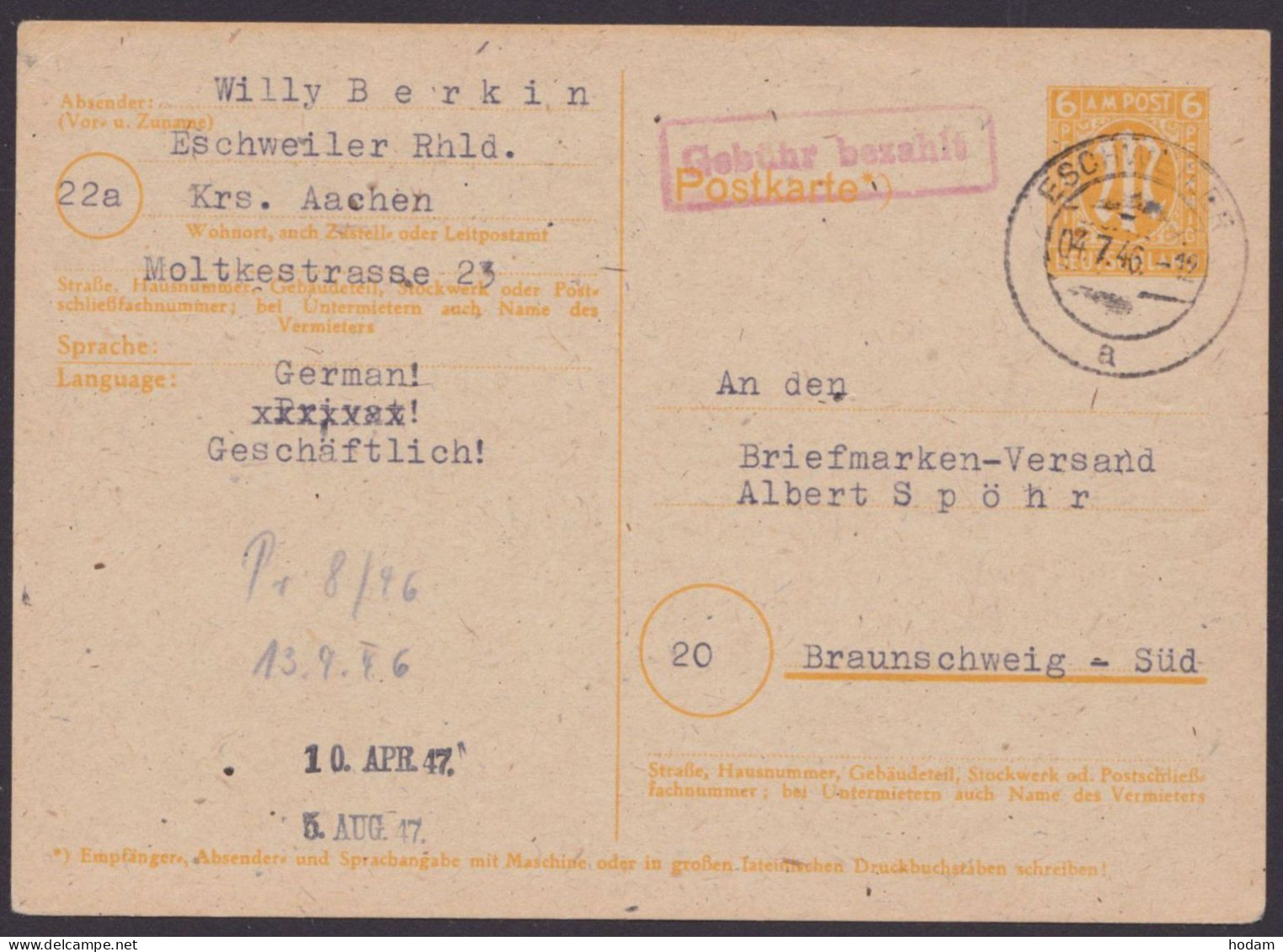 Eschweiler: P905, O, Bedarf, Roter Ra "Gebühr Bezahlt", 4.7.46 - Covers & Documents