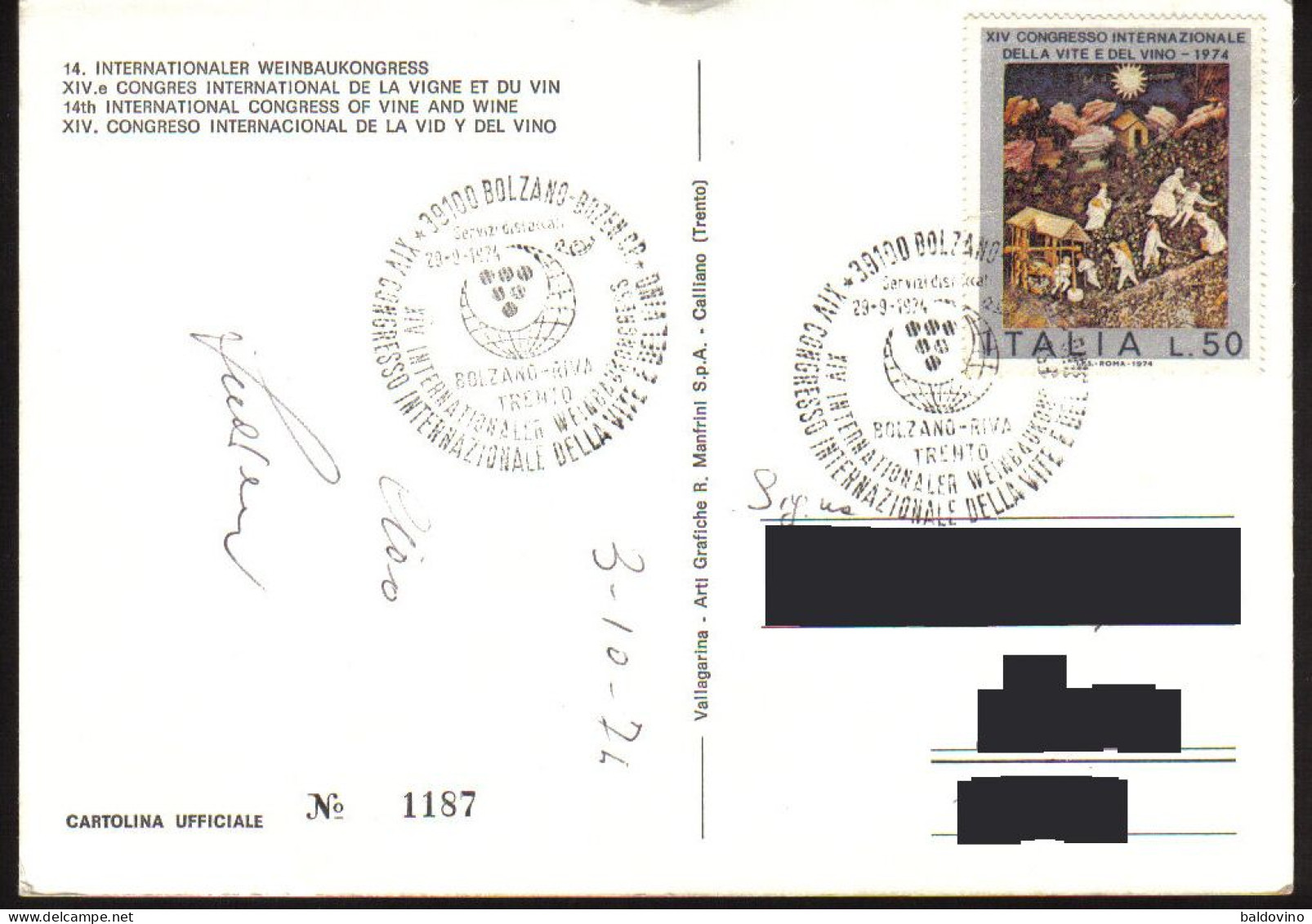 Italia 1974 - XIV Congresso Internazionale Della Vite E Del Vino Cartolina Ufficiale - Landbouw