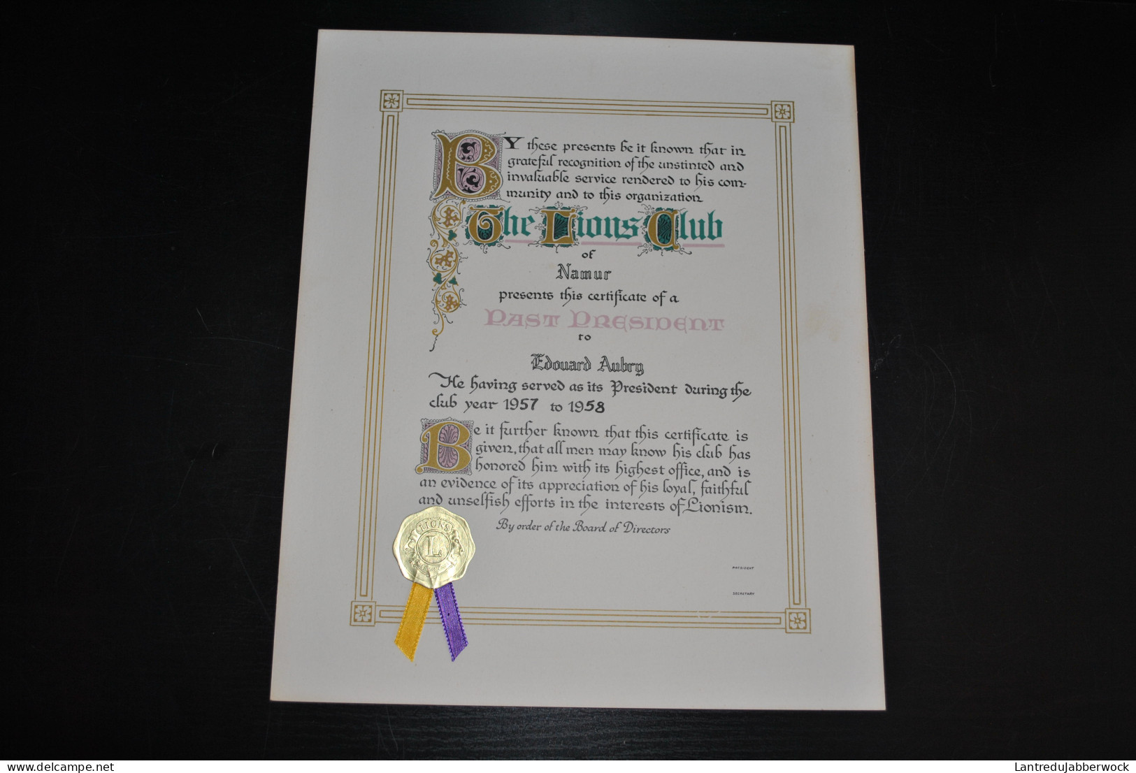 Diplôme The Lion's Club Namur Certificat Past President Edouard Aubry 1957 To 1958 Lions Lionism - Other & Unclassified