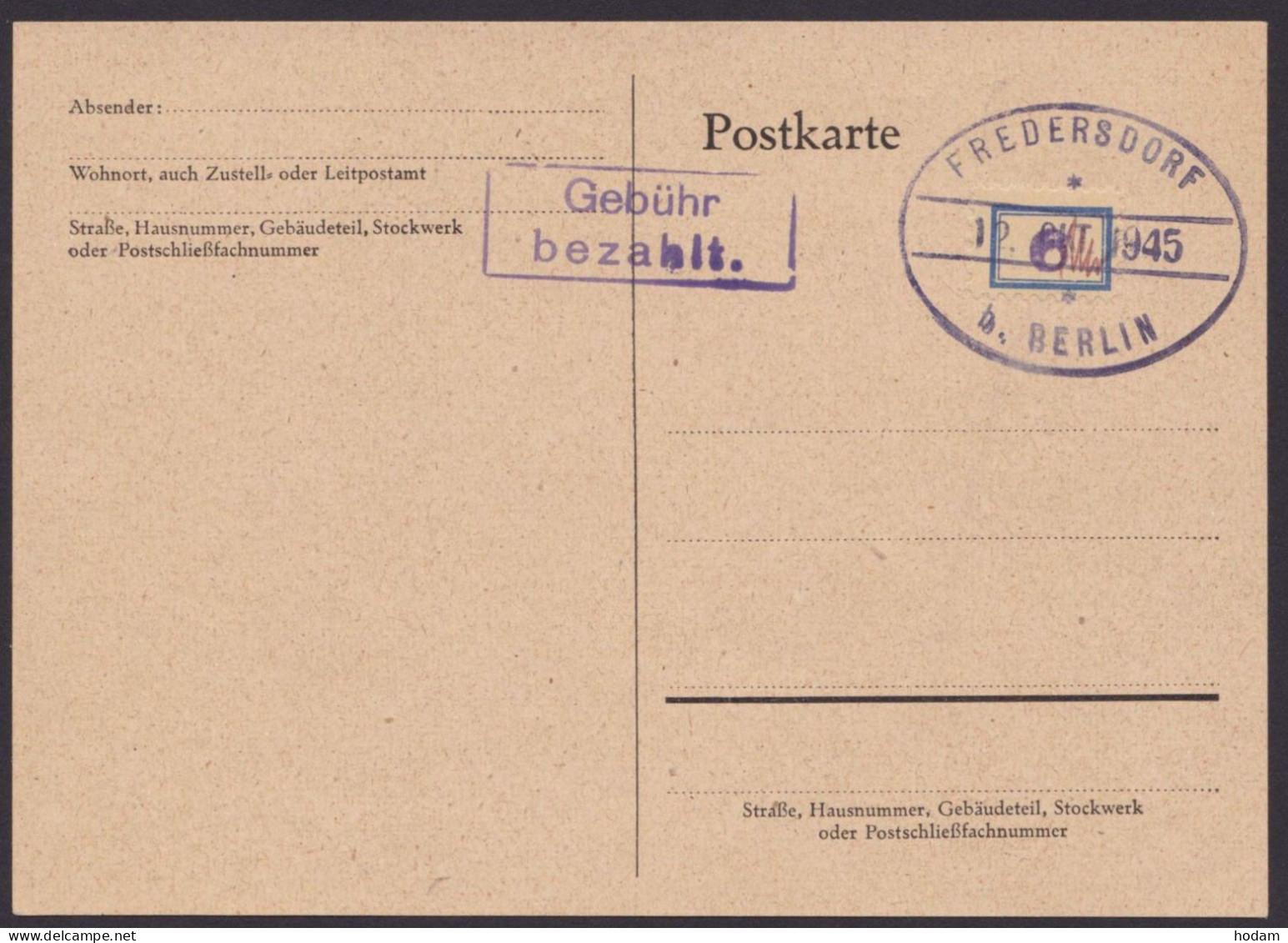 Fredersdorf: SP 105, Karte Mit Ra "Gebühr Bezahlt", 12.10.45, Kein Text - Brieven En Documenten