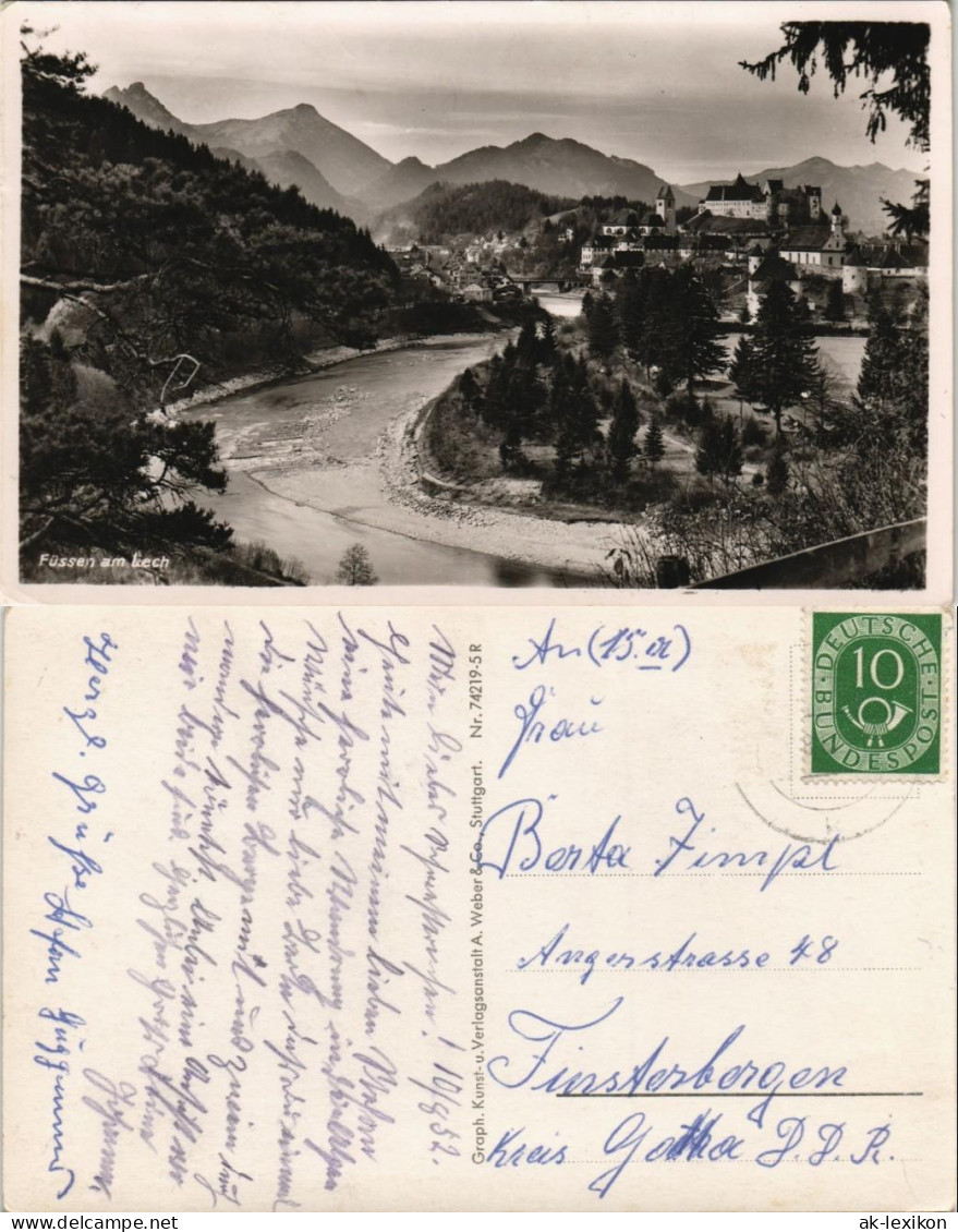 Ansichtskarte Füssen Panorama-Ansicht Mit Fluss Lech Und Alpen Berge 1952 - Fuessen