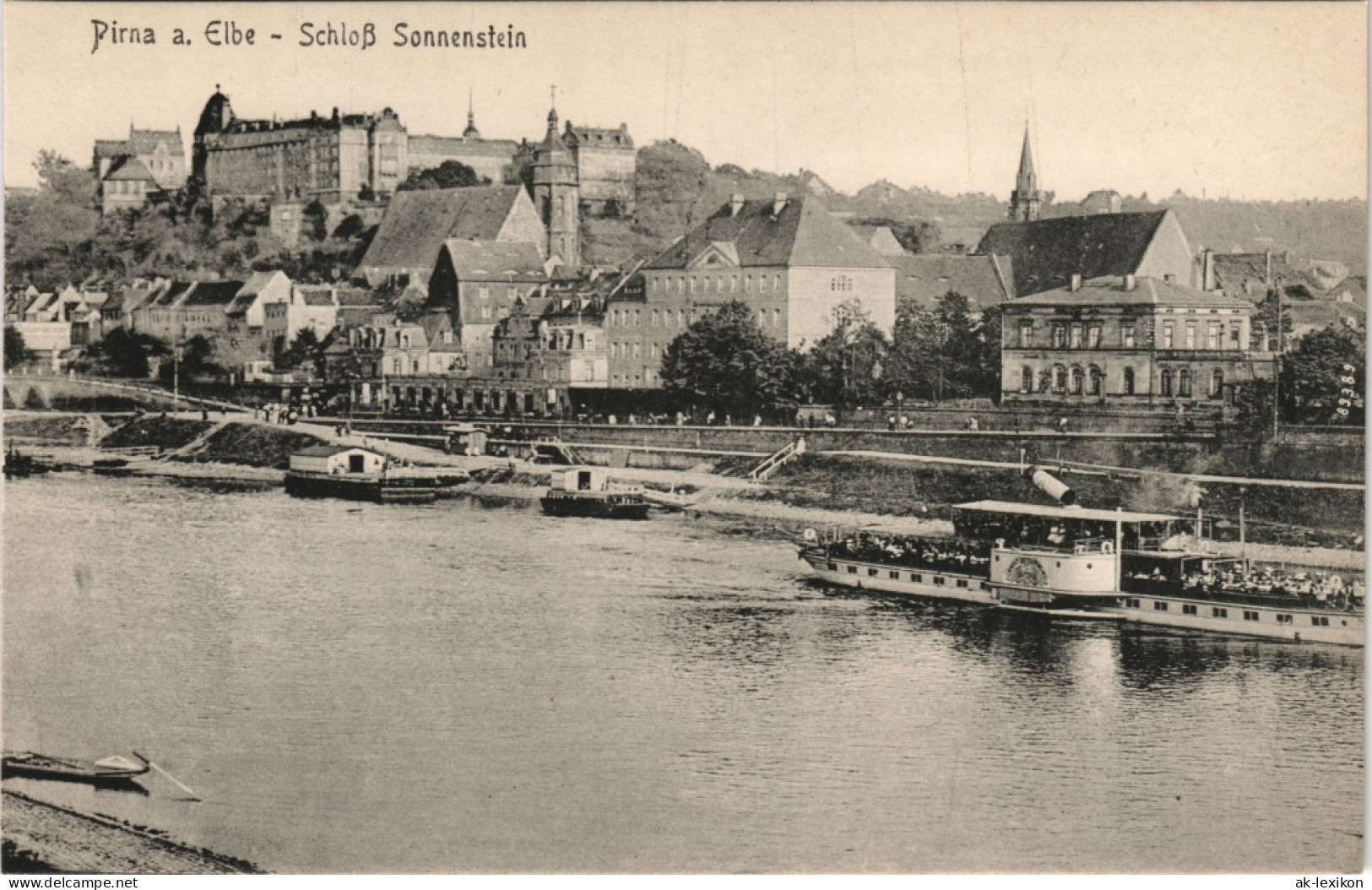 Ansichtskarte Pirna Schloss Sonnenstein, Dampfer Anlegestelle 1917 - Pirna