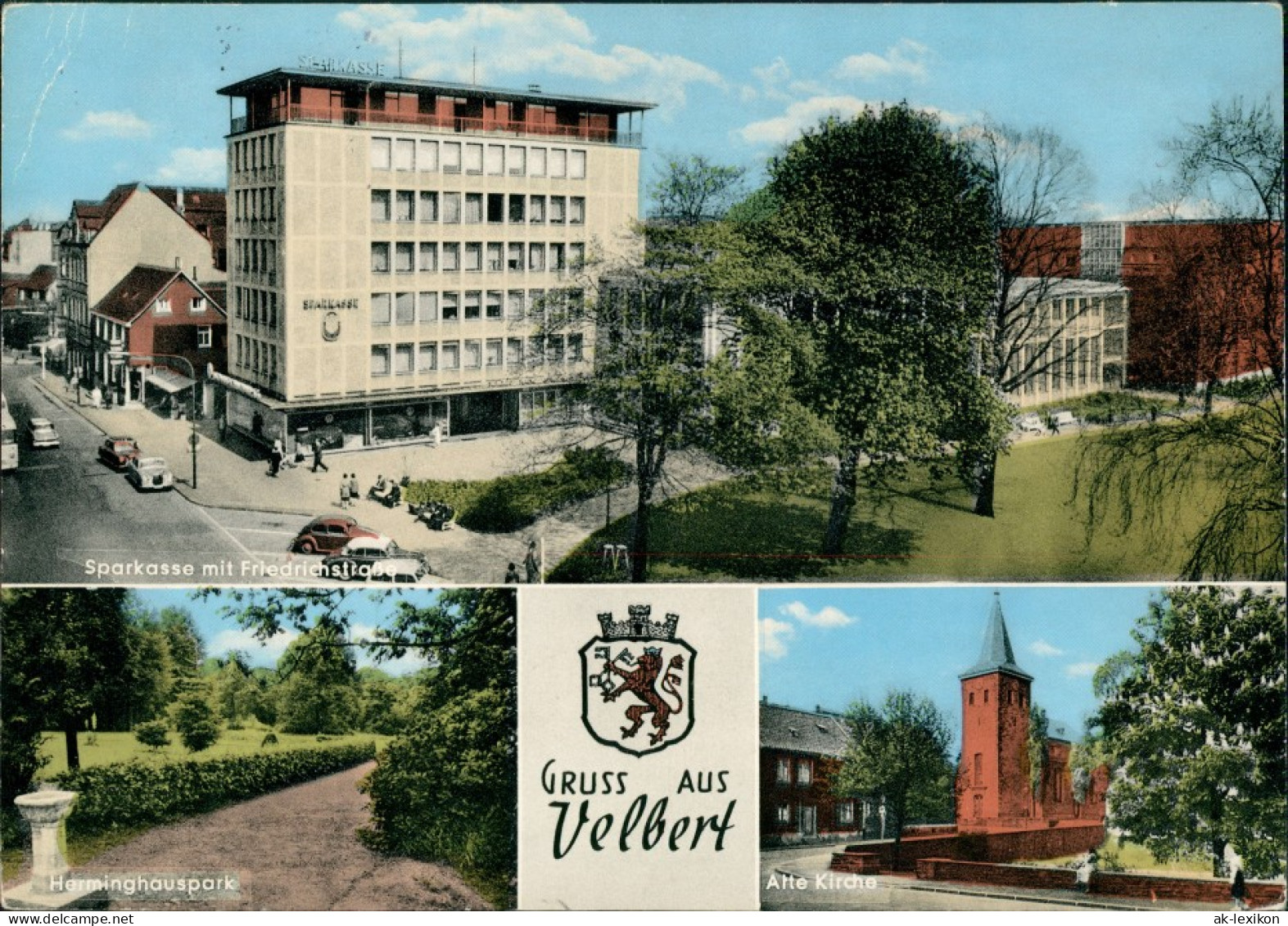 Velbert Sparkasse Friedrichstraße, Herminghauspark, Kirche (Mehrbild-AK) 1965 - Velbert