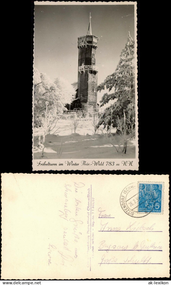 Ansichtskarte Oberweißbach Fröbelturm Winter Stimmungsbild DDR AK 1958 - Oberweissbach