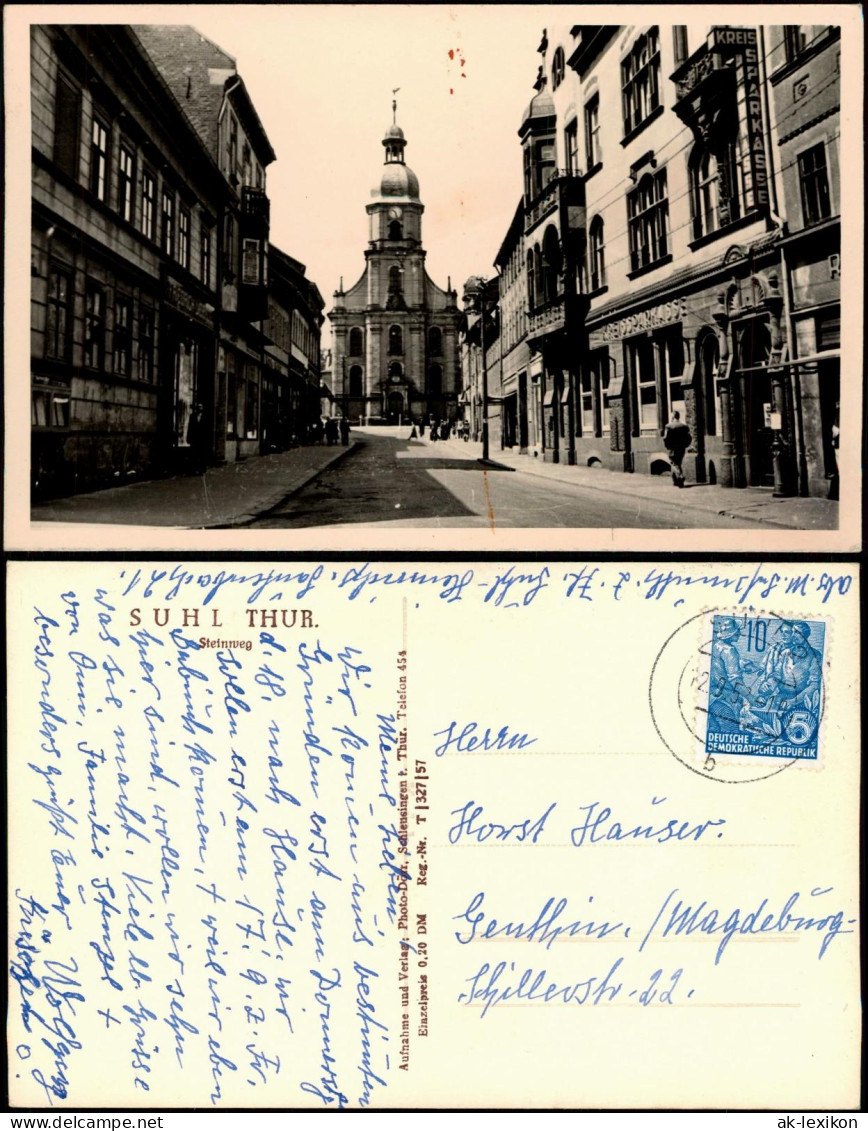 Ansichtskarte Suhl Steinweg Geschäfte Kirche DDR AK 1958/1957 - Suhl