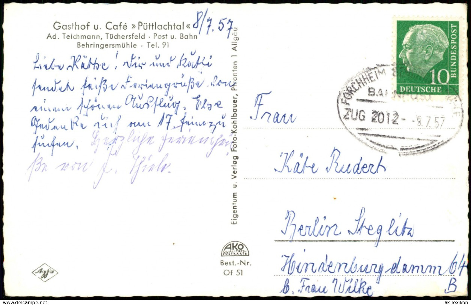 Tüchersfeld-Pottenstein  Café Püttlachtal 1957    (Bahnpoststempel Zug 2012) - Pottenstein