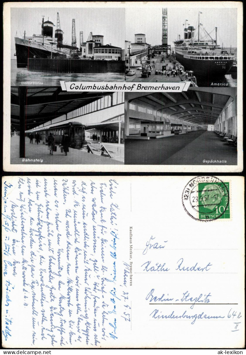 Bremerhaven Columbusbahnhof Mehrbild-AK Mit Bahnsteig, Gepäckhalle, Schiffe 1957 - Bremerhaven