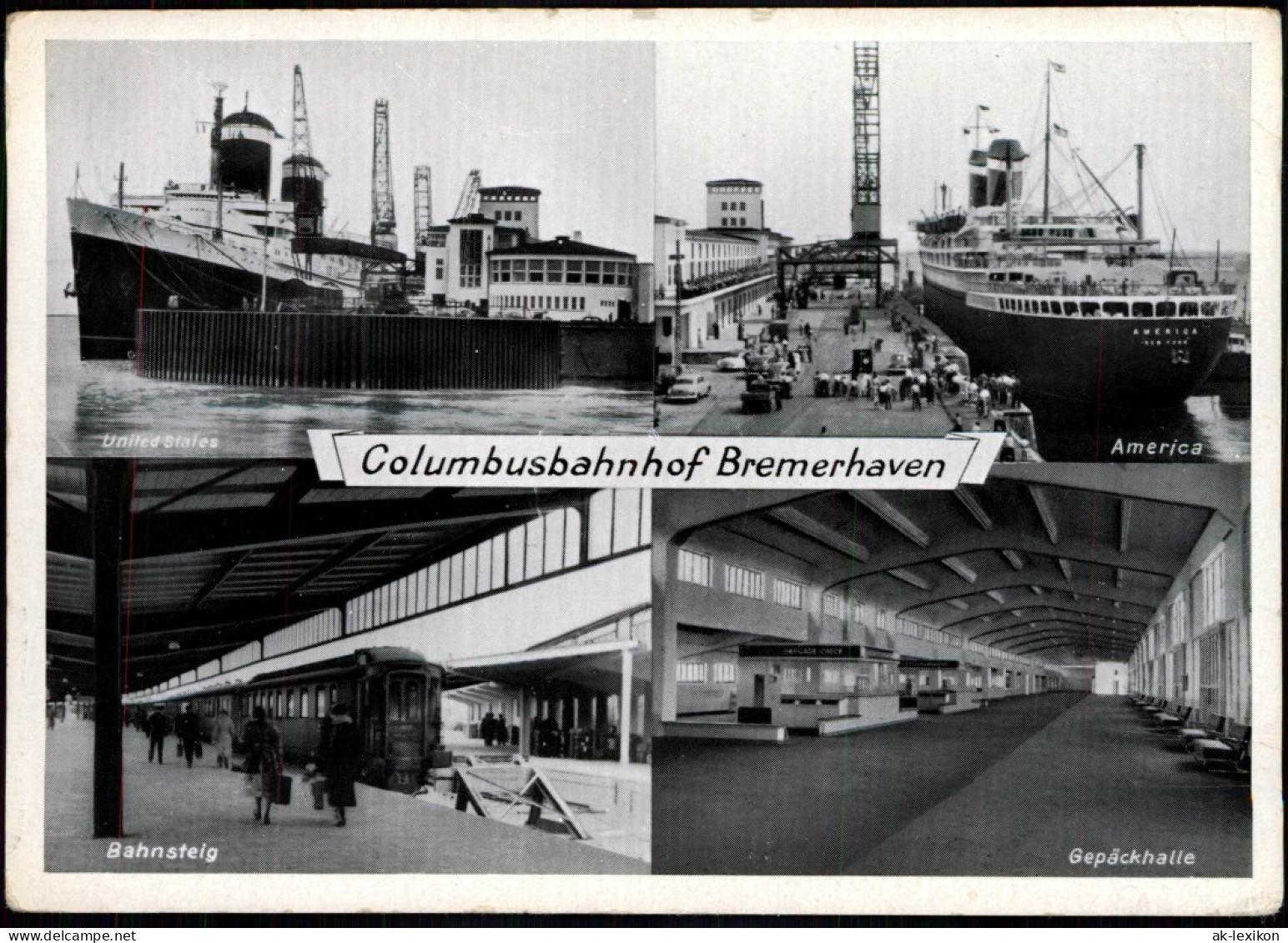 Bremerhaven Columbusbahnhof Mehrbild-AK Mit Bahnsteig, Gepäckhalle, Schiffe 1957 - Bremerhaven