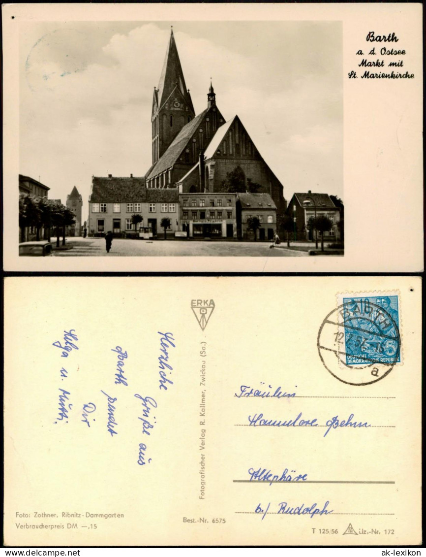 Ansichtskarte Barth Marktplatz, Kirche 1956 - Barth