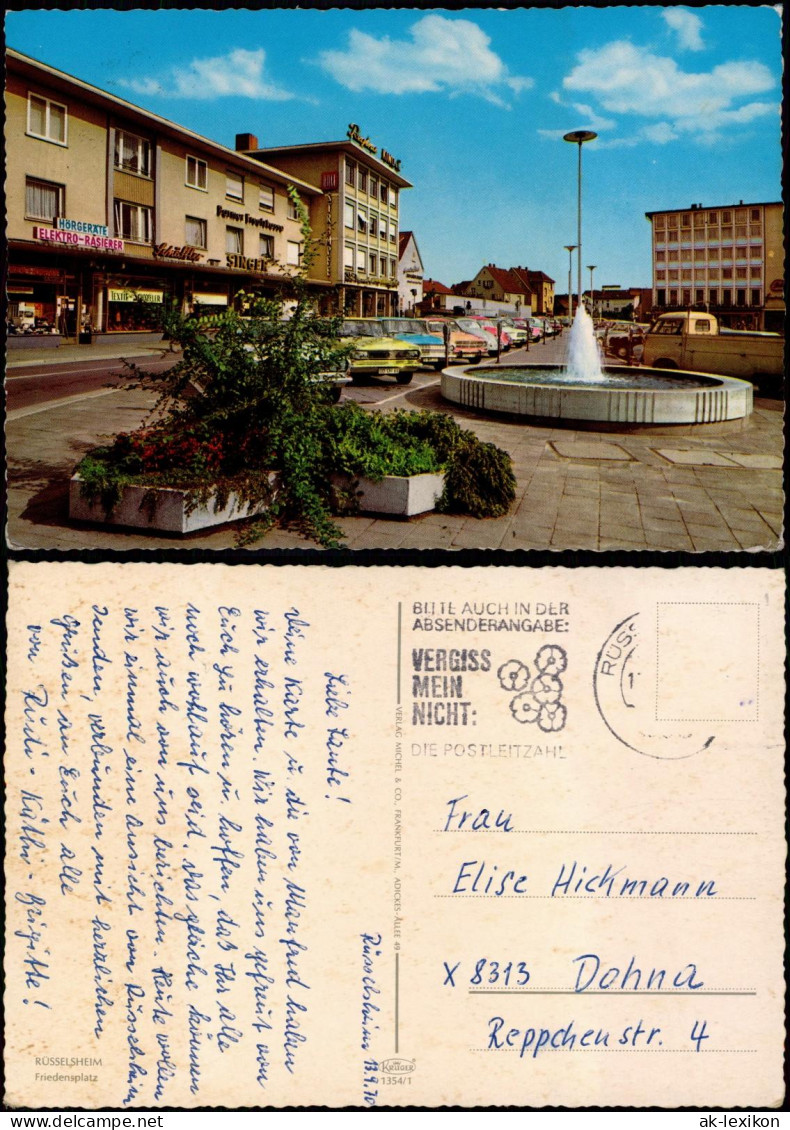 Ansichtskarte Rüsselsheim Friedensplatz, Geschäfte, Div. Auto Modelle 1970 - Ruesselsheim