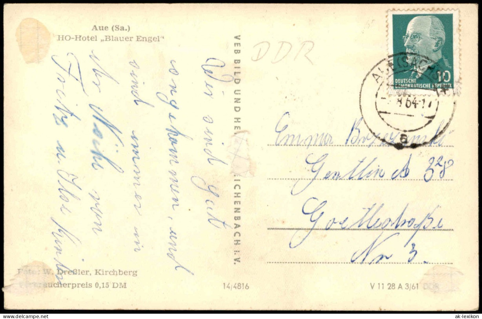 Aue (Erzgebirge) HO-HOTEL BLAUER ENGEL Strassen Partie DDR AK 1964/1961 - Aue