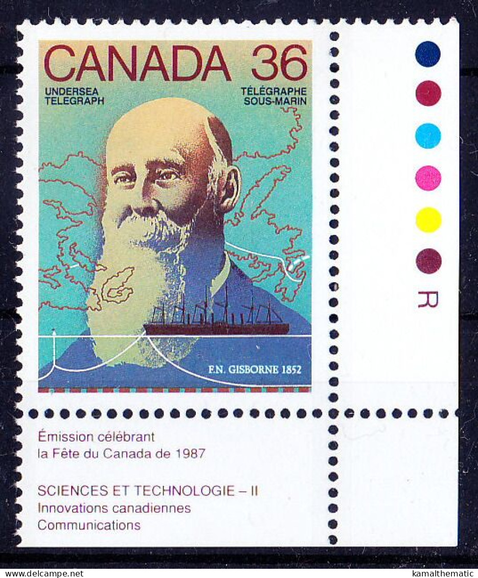 Canada 1987 MNH Colour Guide Frederick Gisborne, Invented Anti-induction Ocean Cable, Electric & Pneumatic Ship Signals - Elektrizität