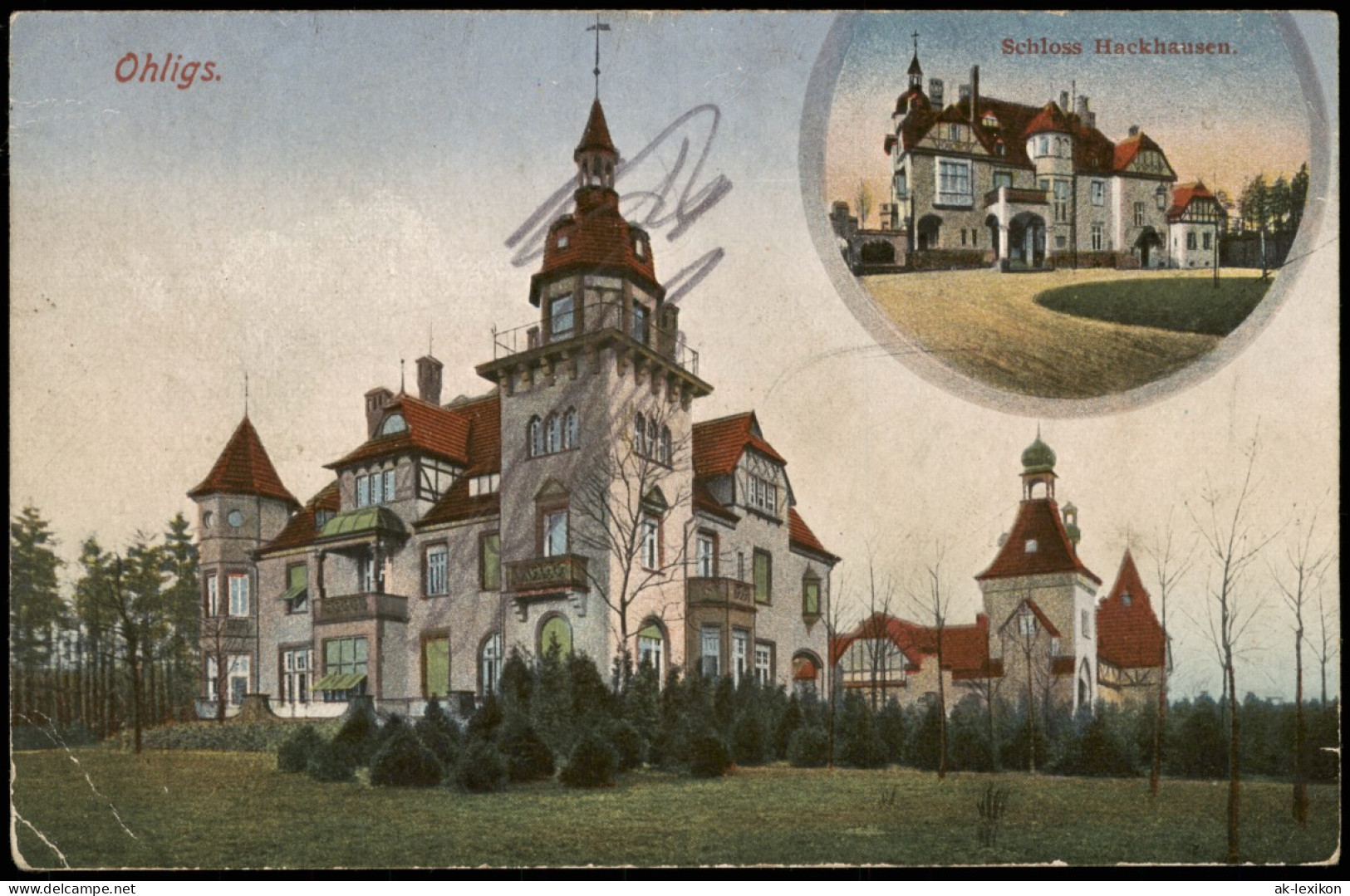 Ohligs Solingen 2B Schloss Hackhausen 1921  Gel Bahnpoststempel Köln Dortmund - Solingen