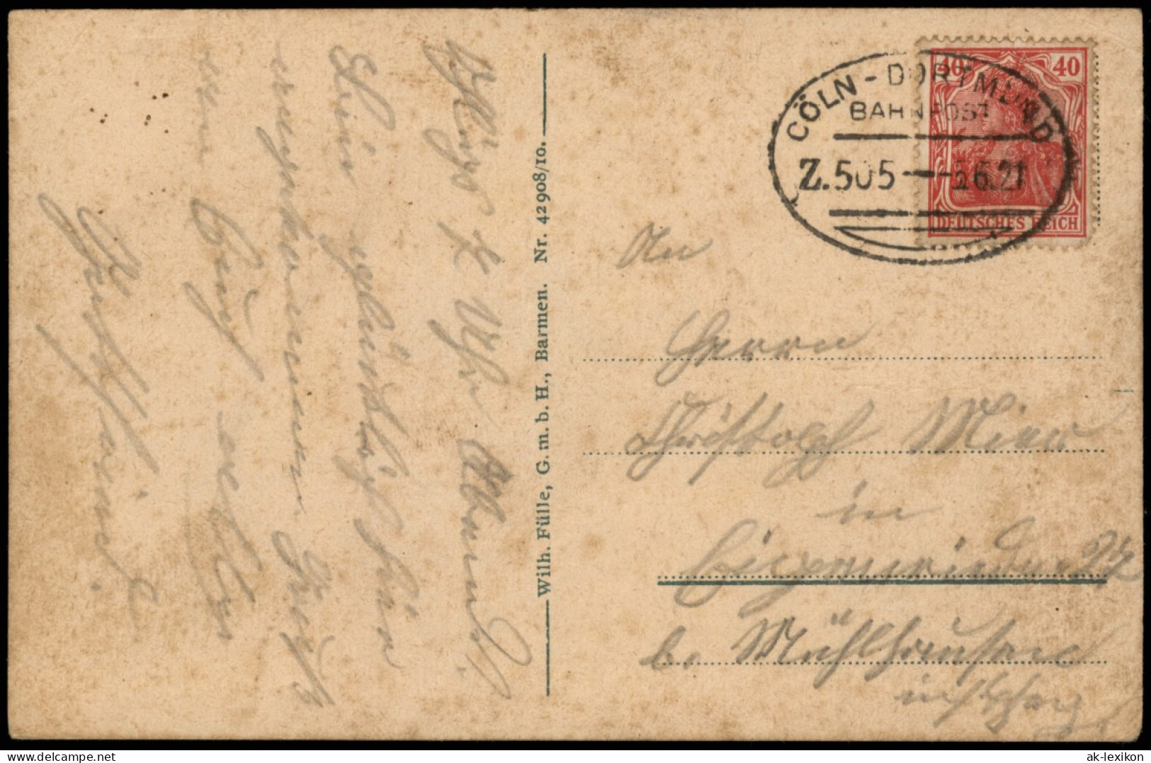 Ohligs Solingen 2B Schloss Hackhausen 1921  Gel Bahnpoststempel Köln Dortmund - Solingen