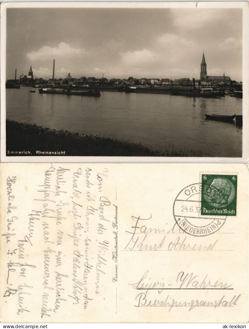 Ansichtskarte Emmerich (Rhein) Rheinansicht, Dampfer, Stadt, Fabrik 1937 - Emmerich