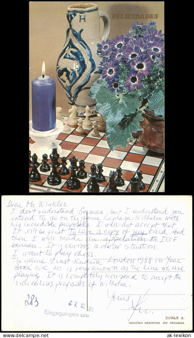 Ansichtskarte  Schach Chess Motivkarte Aus Argentinien Mit Schachbrett 1991 - Contemporain (à Partir De 1950)