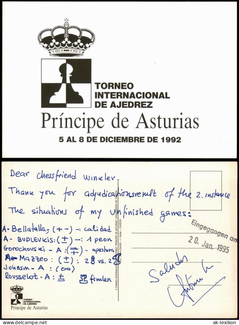 Ansichtskarte  Schach (Chess) Motivkarte TORNEO INTERNACIONAL DE AJEDREZ 1995 - Zeitgenössisch (ab 1950)