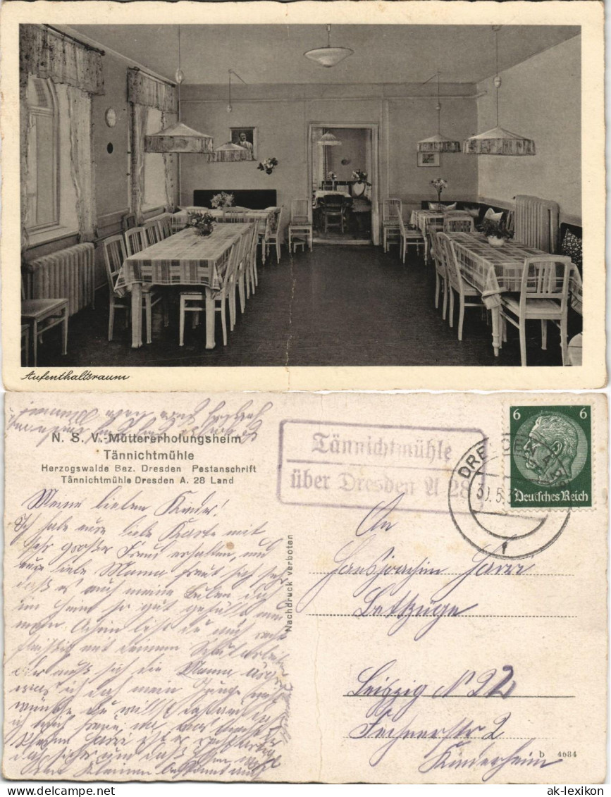 Ansichtskarte Herzogswalde-Wilsdruff Tännichtmühle - Speiseraum 1938 - Herzogswalde