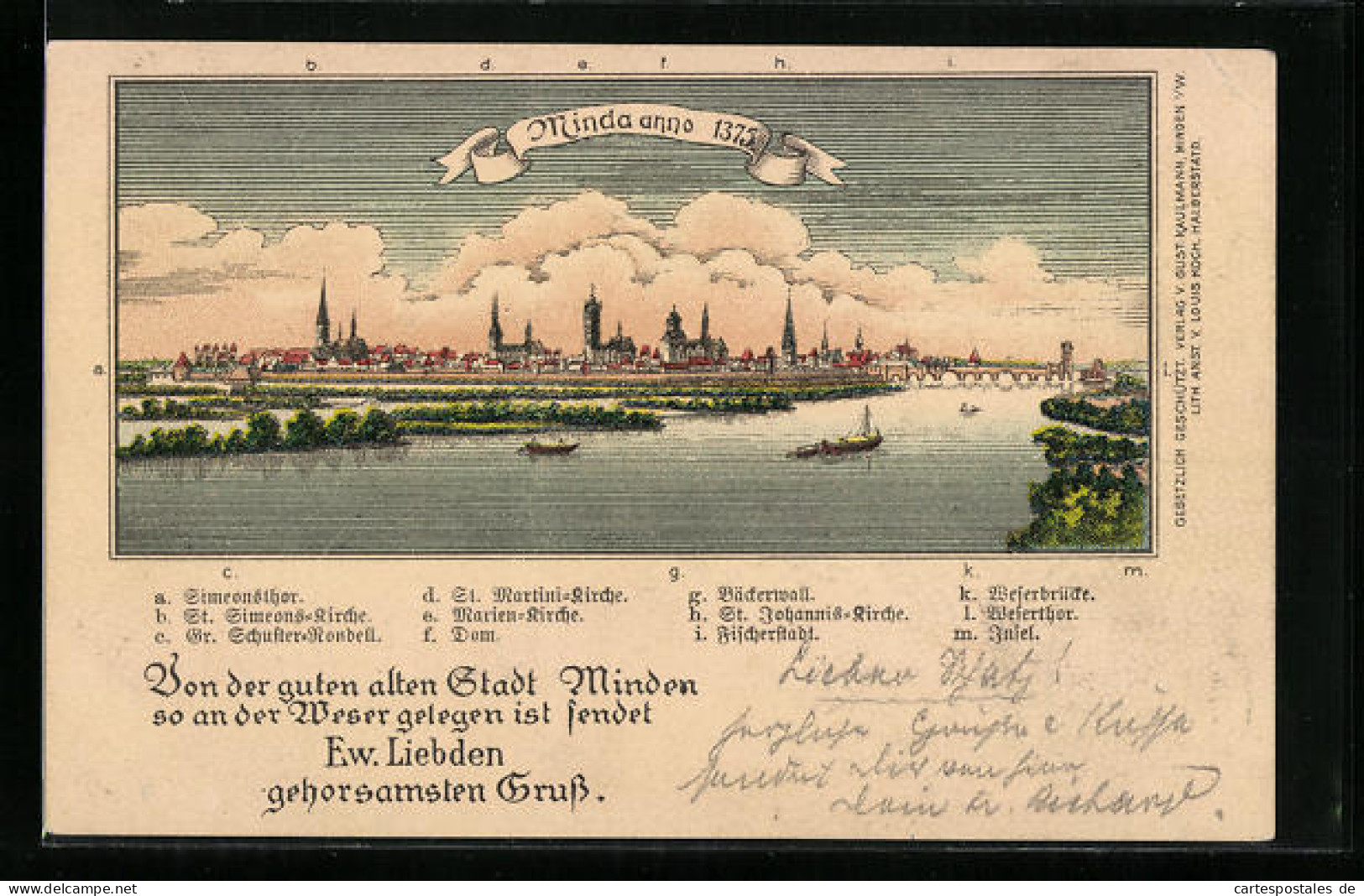 Lithographie Minden I. W., Minda Anno 1375 - Panorama Der Stadt Mit Index Der Sehenswürdigkeiten  - Minden
