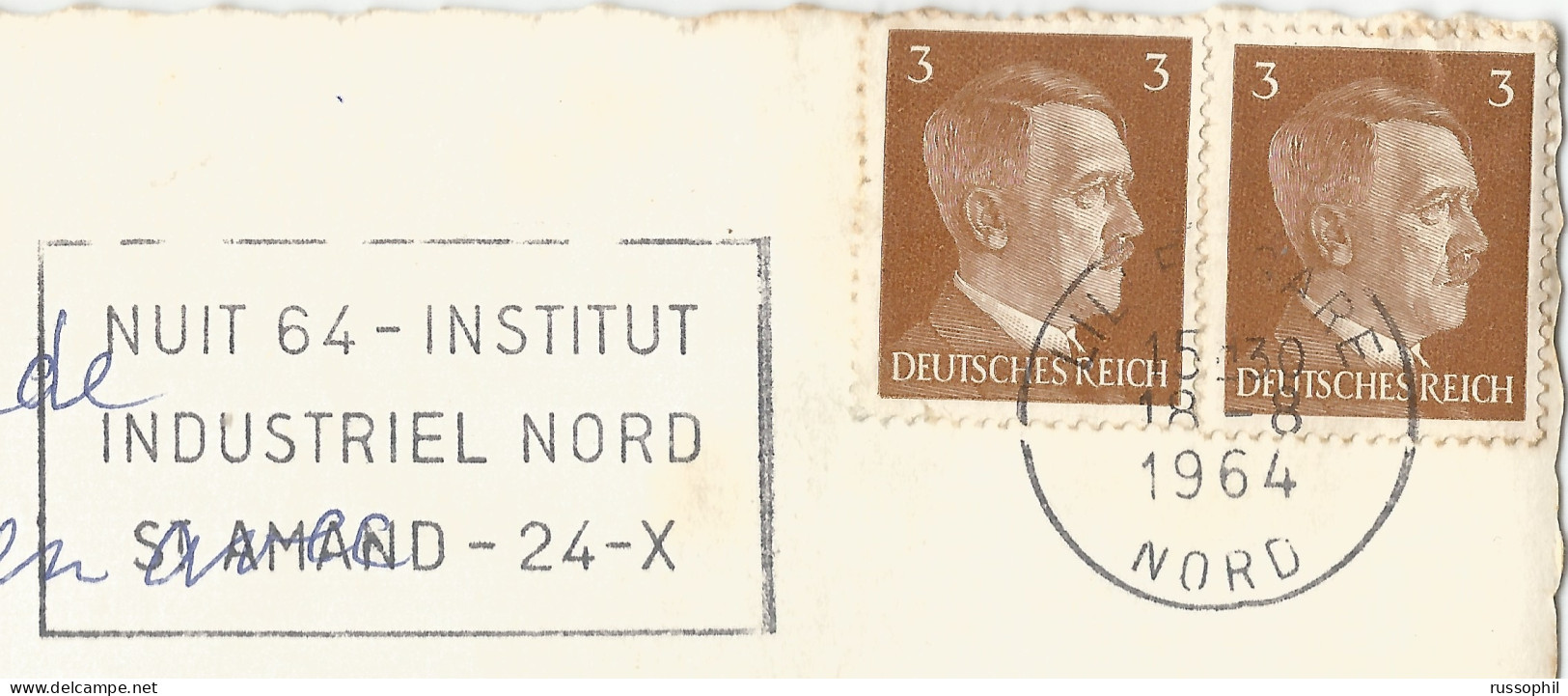 FRANCE - VARIETY &  CURIOSITY - TEMPORARY SECAP PMK "LILLE GARE NUIT 64" CANCELLING PAIR 3 PF.  HITLER ON PC - 1964 - Lettres & Documents