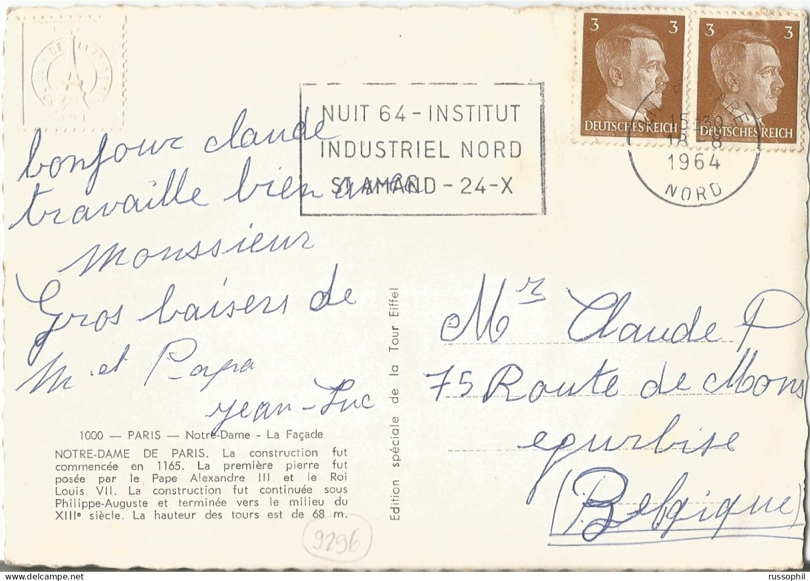 FRANCE - VARIETY &  CURIOSITY - TEMPORARY SECAP PMK "LILLE GARE NUIT 64" CANCELLING PAIR 3 PF.  HITLER ON PC - 1964 - Lettres & Documents